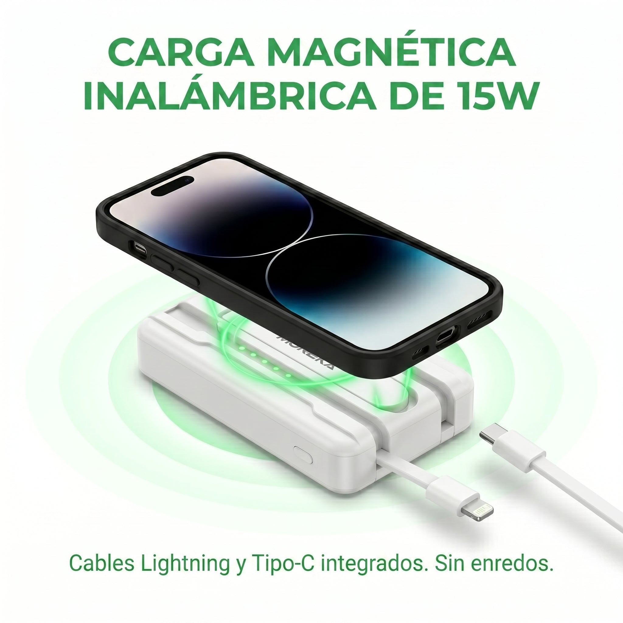 Power Bank Magnético Moreka K112 10000mAh 22.5W con Cable Lightning y Tipo-C Integrados Carga Inalámbrica 15W, Modo Baja Corriente