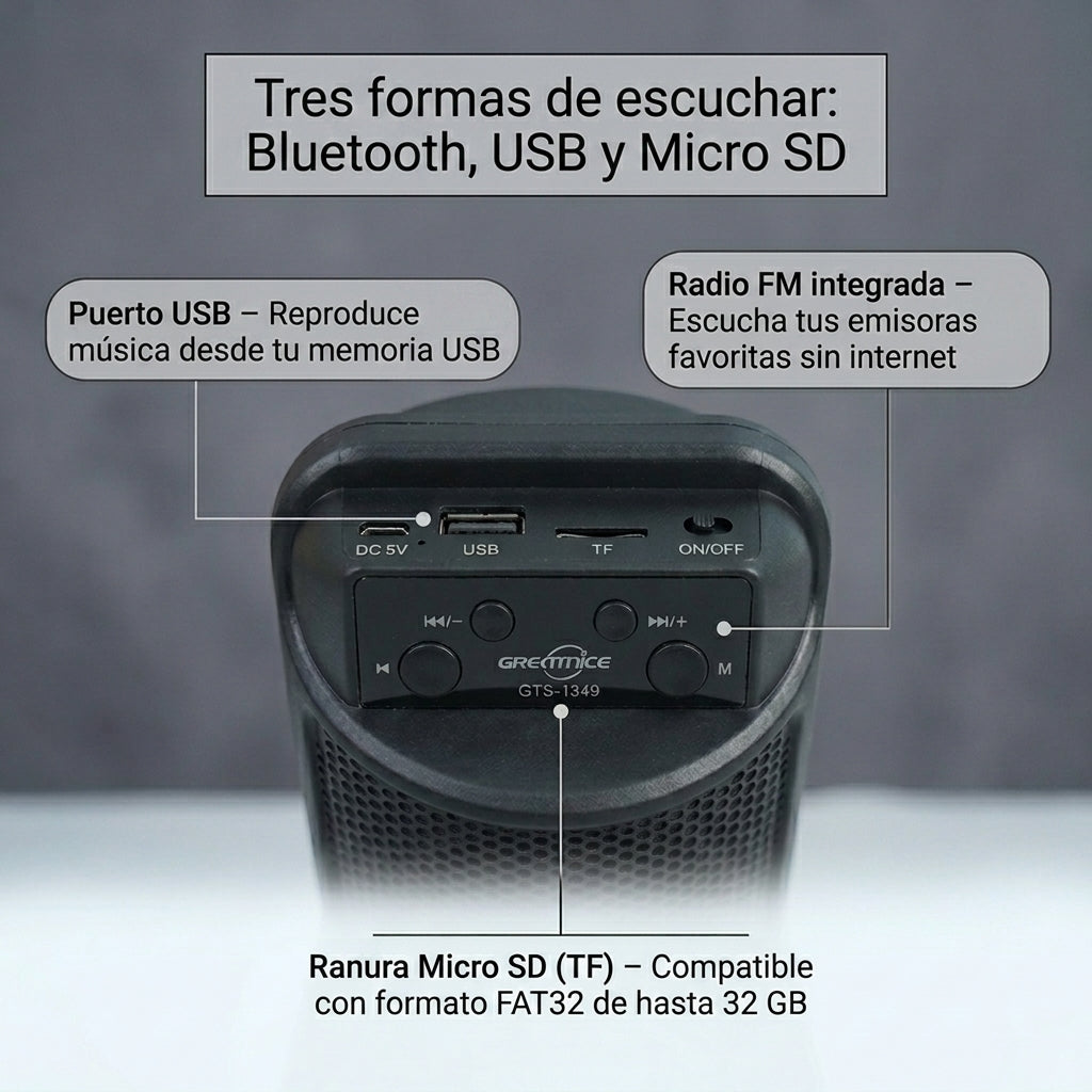 Bocina Bluetooth Recargable Greatnice GTS-1349 Inalámbrica USB RADIO FM 5W