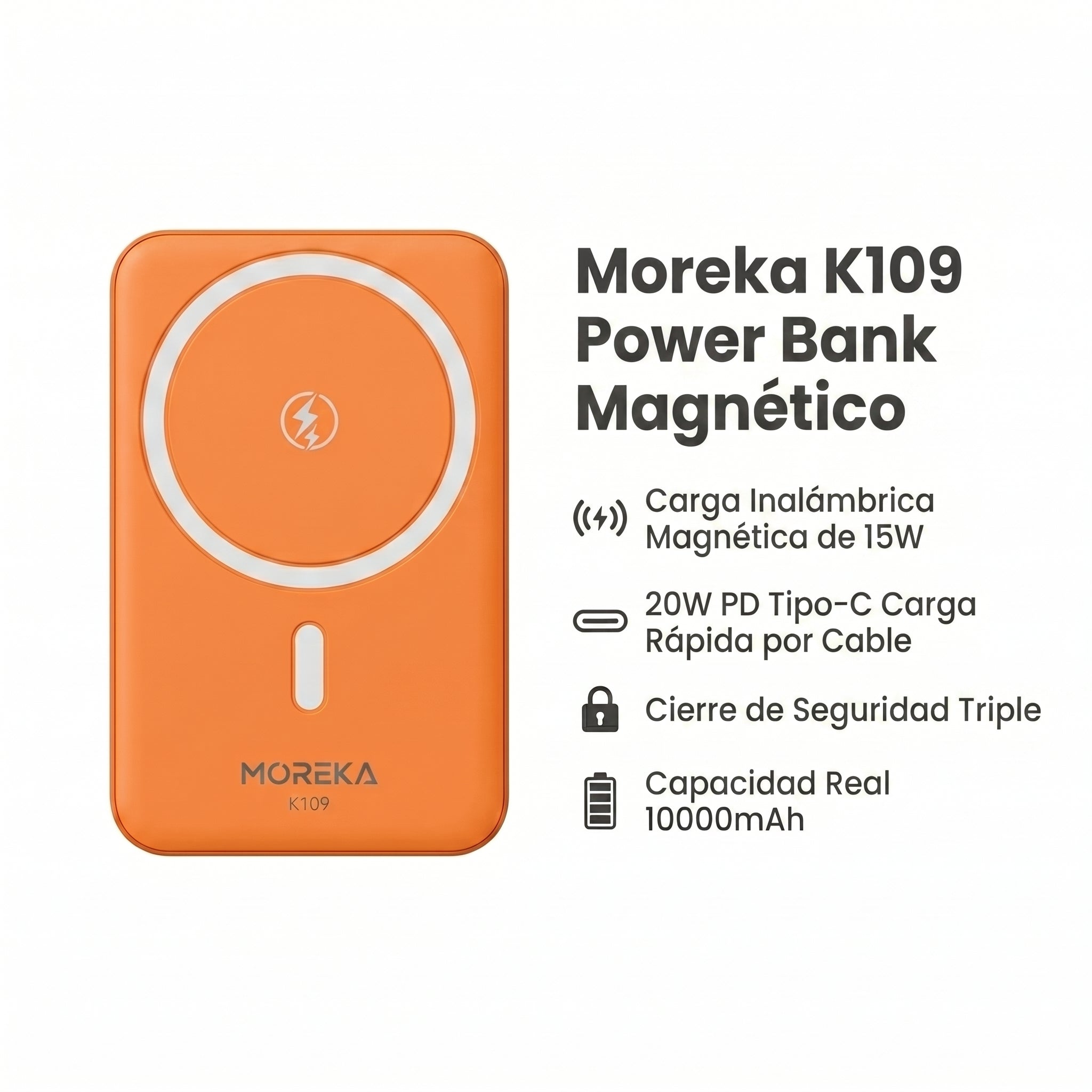 Power Bank Magnético Moreka K109 10000mAh con Carga Rápida Inalámbrica 15W y PD 20W