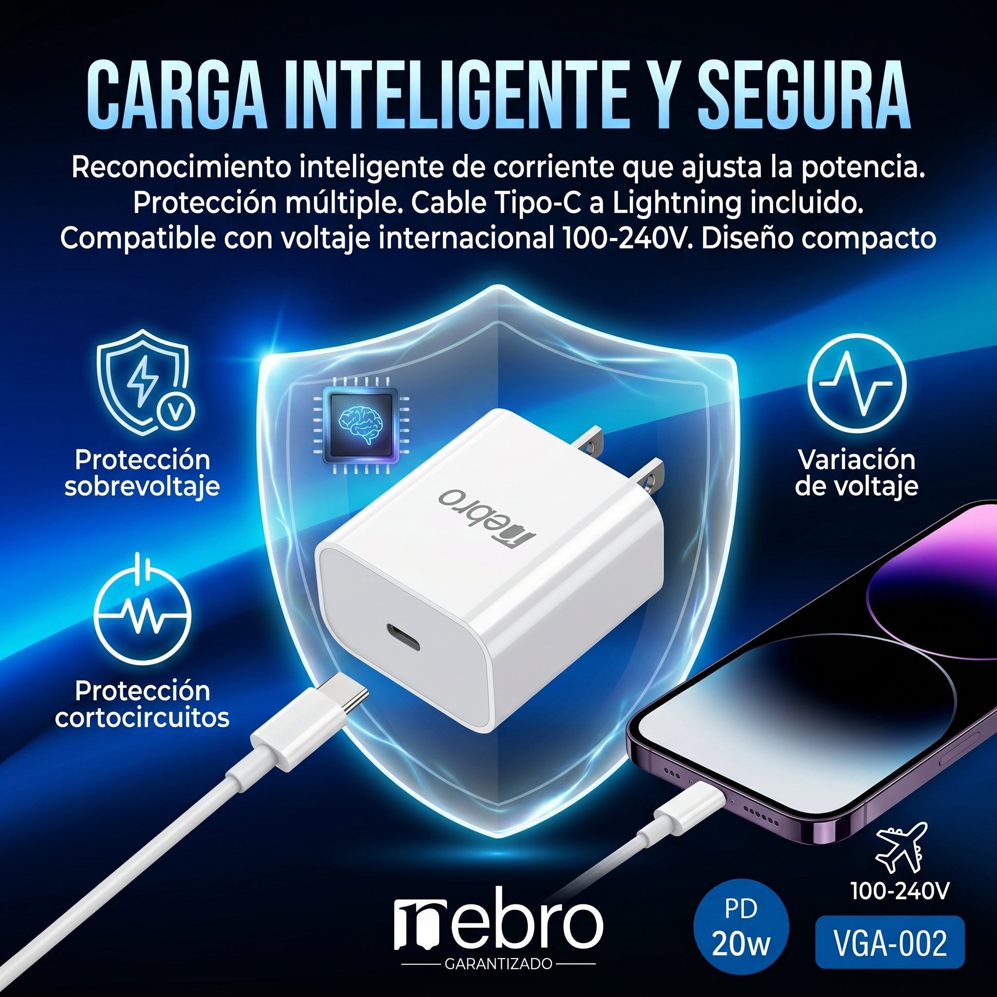 Cargador Rápido Nebro VGA-002 20W C-IP Power Delivery Carga Inteligente