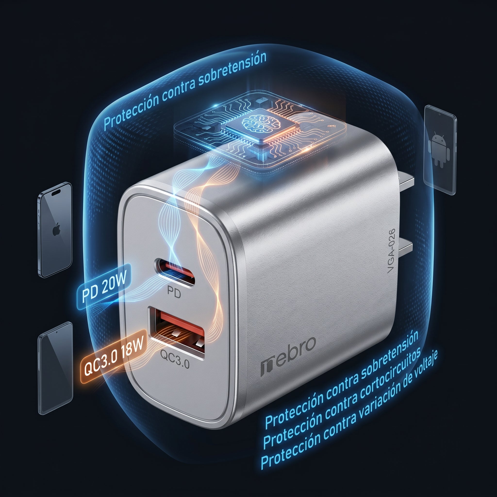 Cargador Doble Puerto Nebro VGA-026 20W PD + QC3.0 USB-C y USB-A Carga Rápida Simultánea