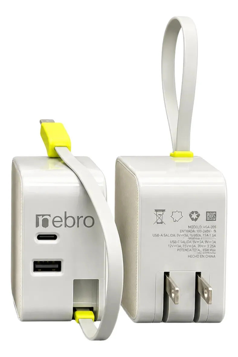 Cargador Retráctil Nebro VGA-205 65W Doble USB-C y USB-A Cable Integrado de 3 Puertos GaN Carga Rápida Pasadores Plegables 90°