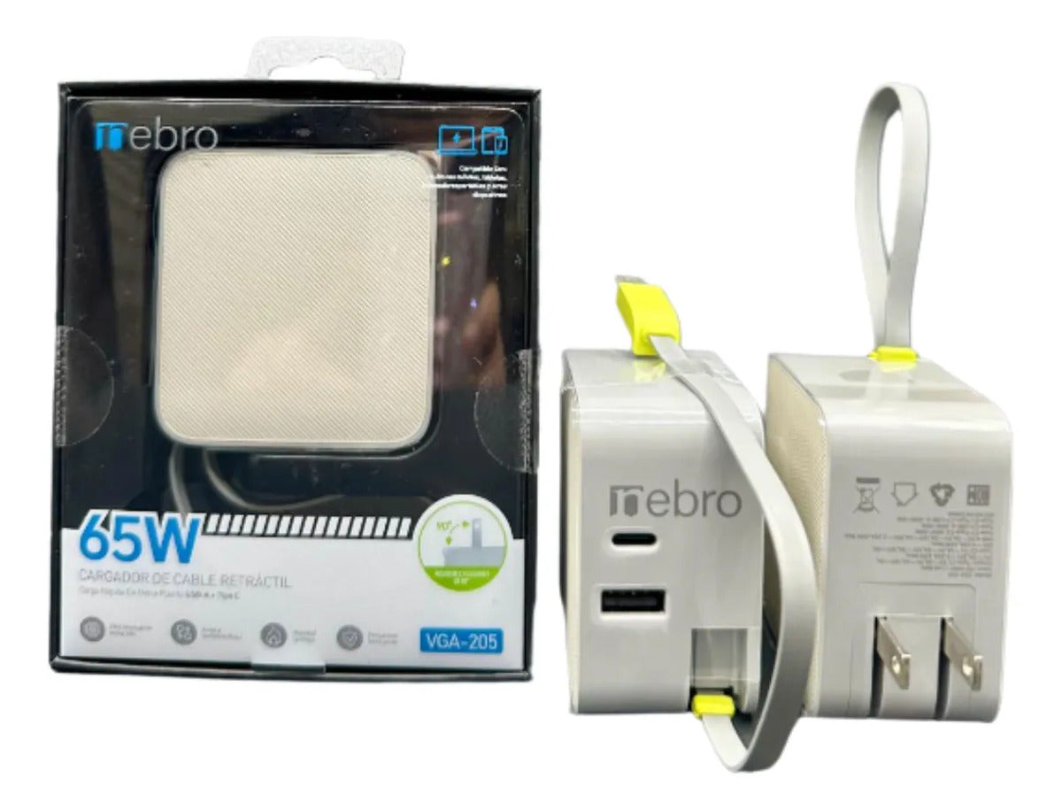 Cargador Retráctil Nebro VGA-205 65W Doble USB-C y USB-A Cable Integrado de 3 Puertos GaN Carga Rápida Pasadores Plegables 90°