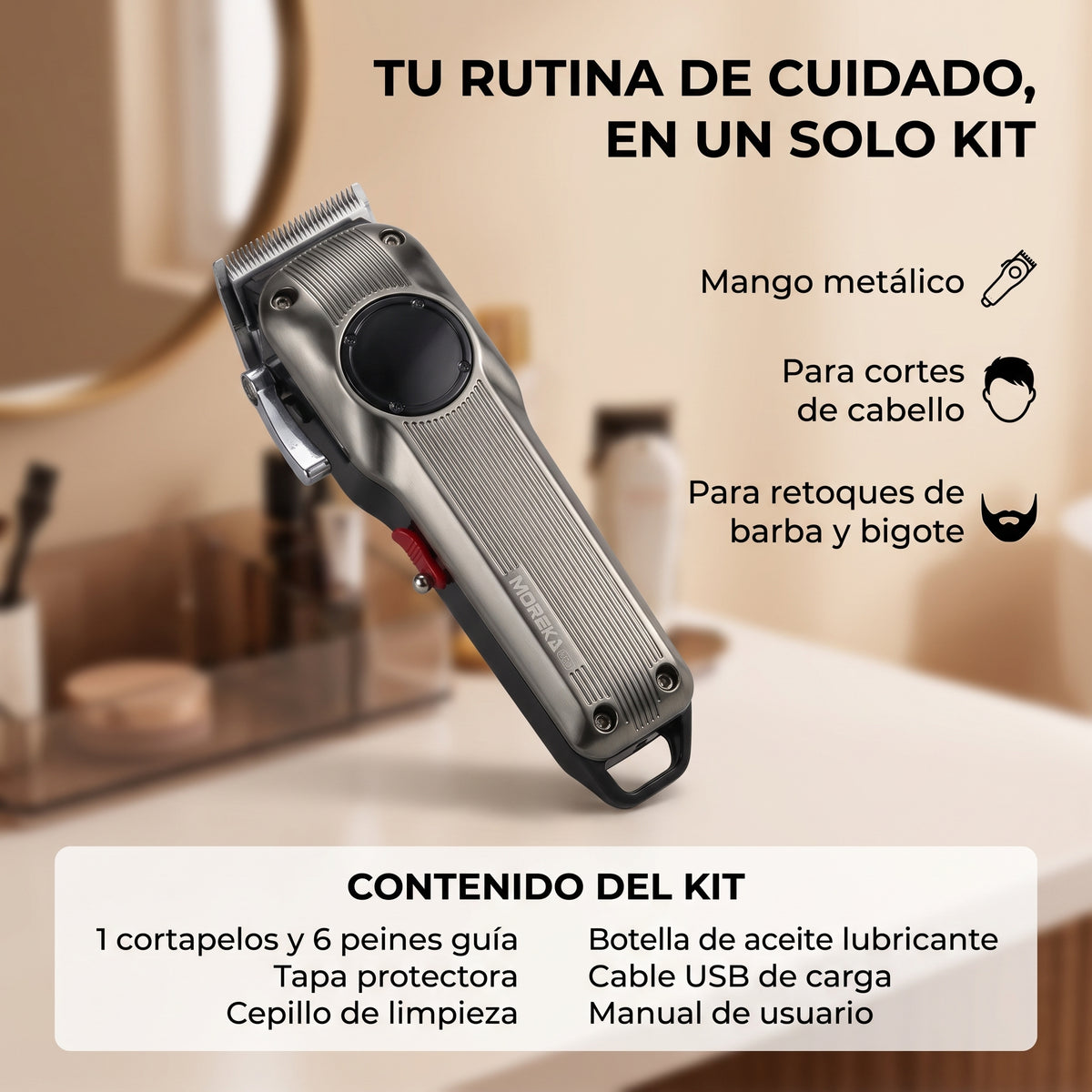 Cortapelos Profesional Moreka W-42 con Motor de 7000 RPM, Pantalla LCD y 6 Peines Guía