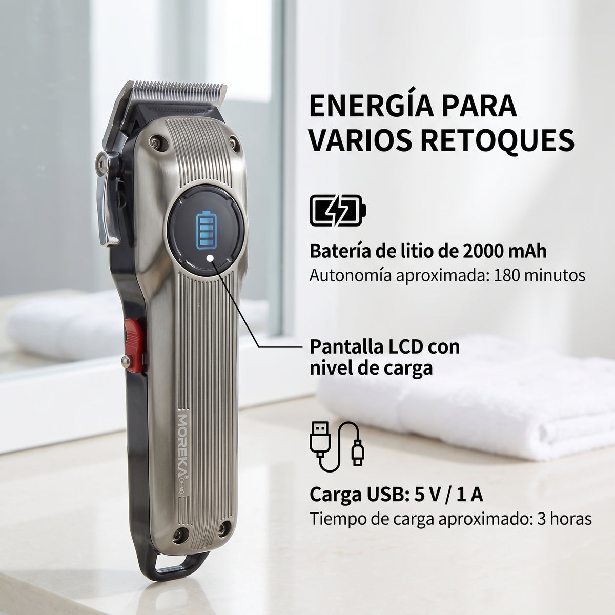 Cortapelos Profesional Moreka W-42 con Motor de 7000 RPM, Pantalla LCD y 6 Peines Guía