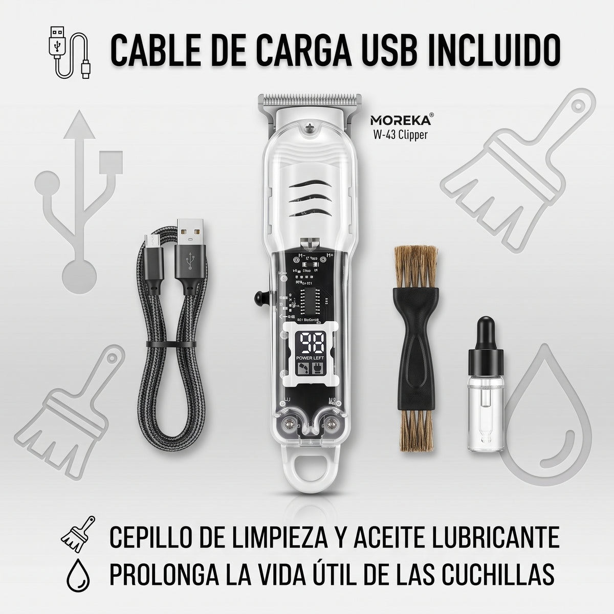 Cortadora de Cabello Moreka W-43 Kit Profesional Pantalla LCD 6 Peines Guía