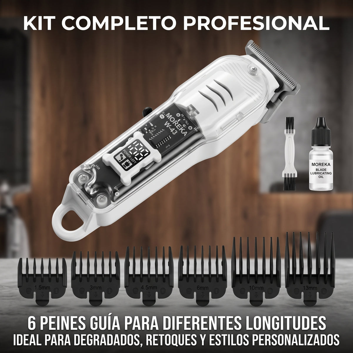 Cortadora de Cabello Moreka W-43 Kit Profesional Pantalla LCD 6 Peines Guía