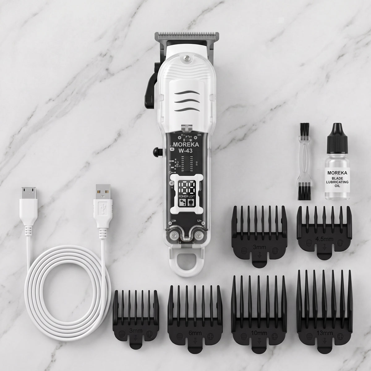Cortadora de Cabello Moreka W-43 Kit Profesional Pantalla LCD 6 Peines Guía