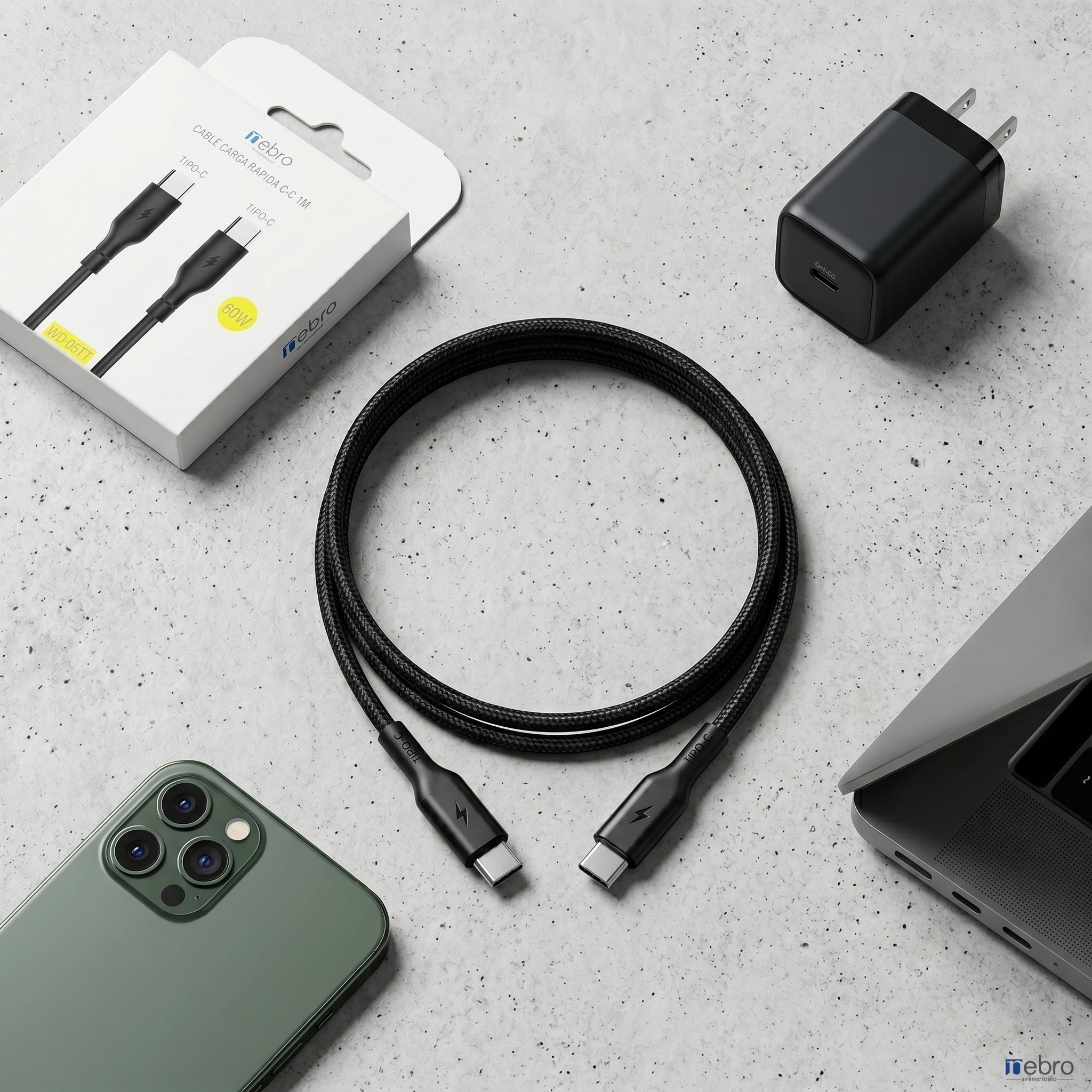 Cable USB-C a USB-C Nebro WD-05TT 1 Metro Carga Rápida 60W 5A