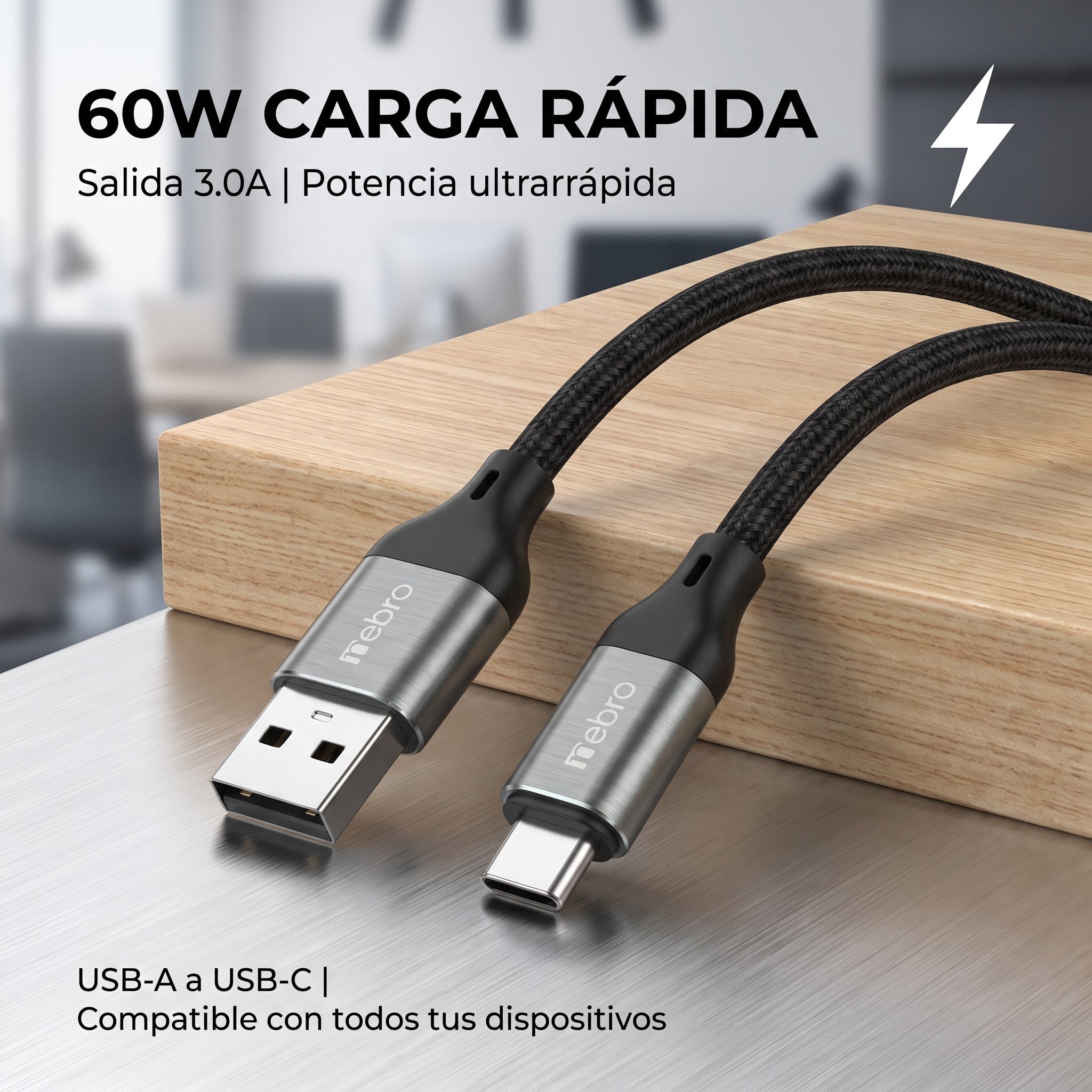 Cable USB-A a USB-C Trenzado Nebro WD-301T Carga rápida 60W