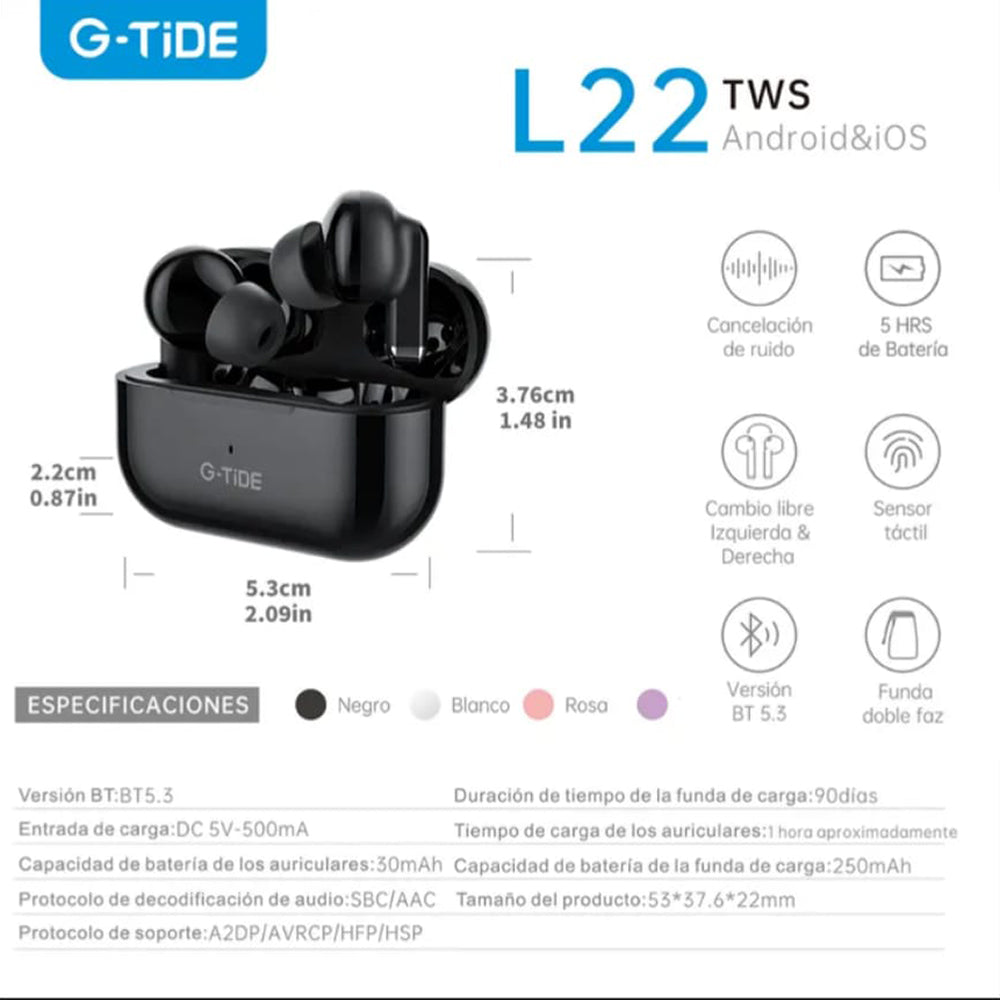 Audífonos Bluetooth Cancelación de Ruido Sport 30mAh + estuche 300mAh IPX4 G-TIDE L22