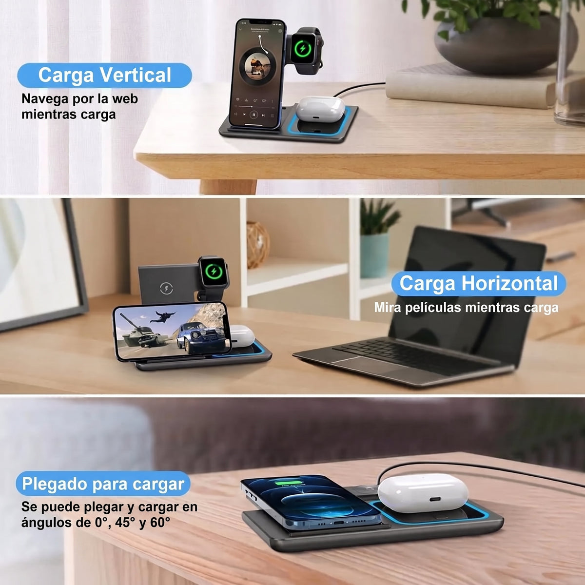 Estación de Carga 3 en 1 Yisen X455 para Smartphone Audifonos y SmartWatch