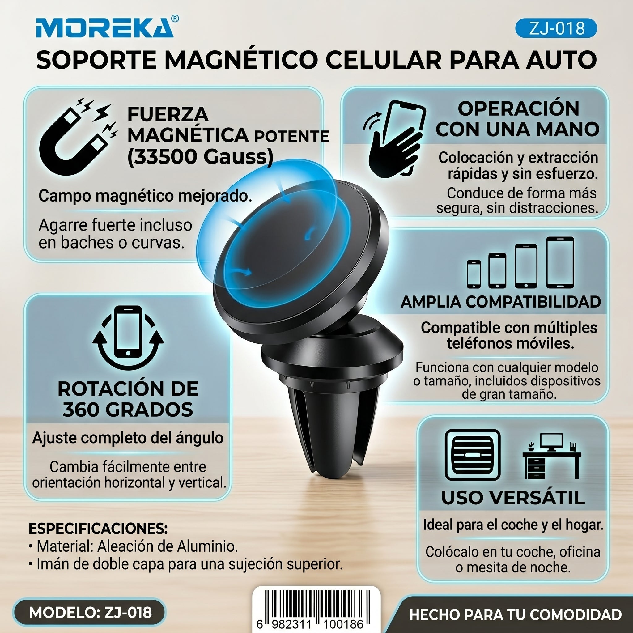 Soporte para Celular en Auto Magnético ZJ-018 Universal con Giratorio 360 Grados y Campo Magnético Segura para Múltiples Móviles