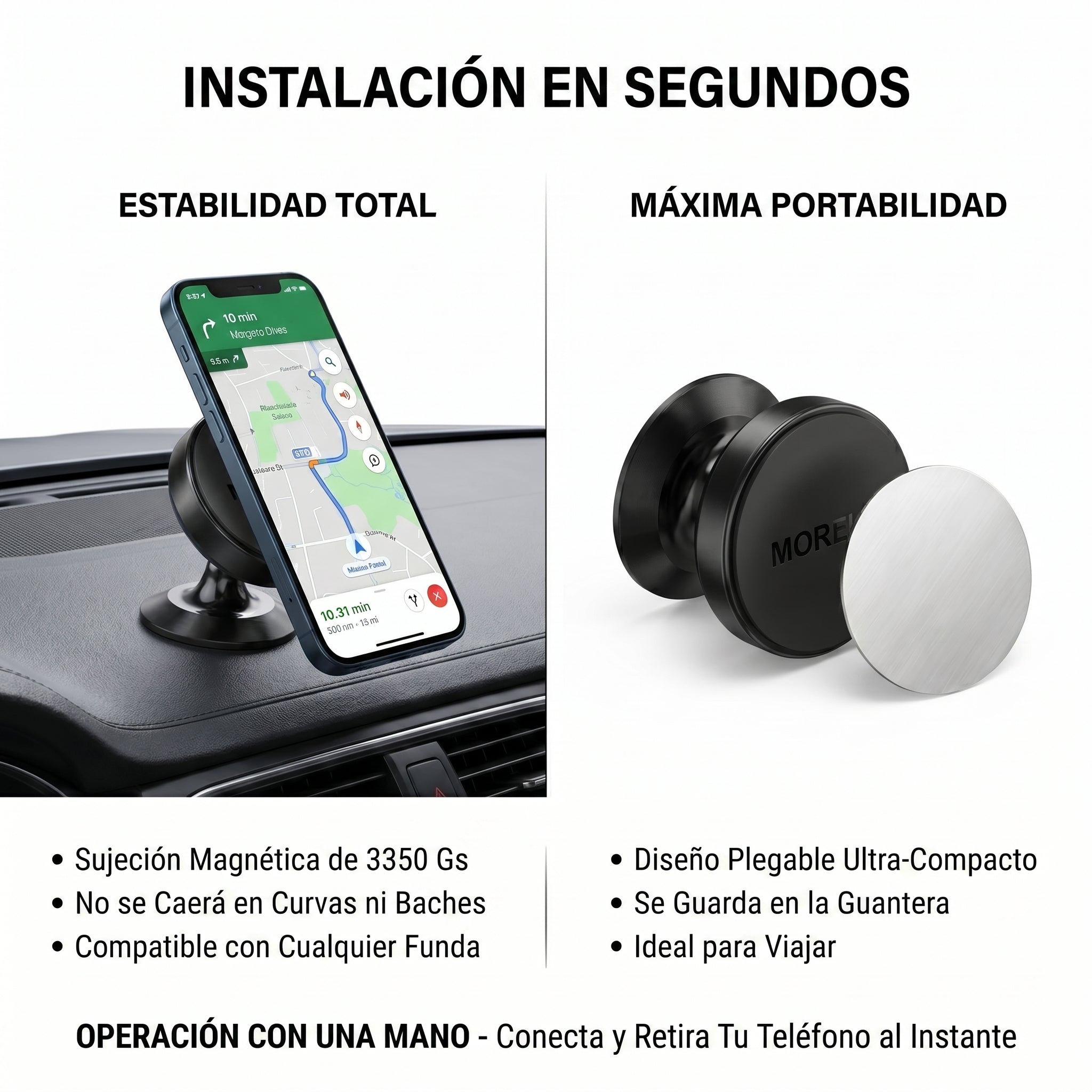 Soporte Magnético para Auto Moreka ZJ-019 de Aleación de Aluminio Sujeción 3350Gs Giro 360° Operación con Una Mano Compatibilidad Universal para Todos los Celulares
