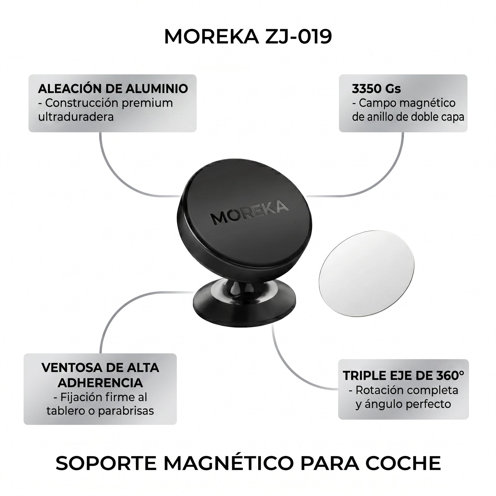 Soporte Magnético para Auto Moreka ZJ-019 de Aleación de Aluminio Sujeción 3350Gs Giro 360° Operación con Una Mano Compatibilidad Universal para Todos los Celulares