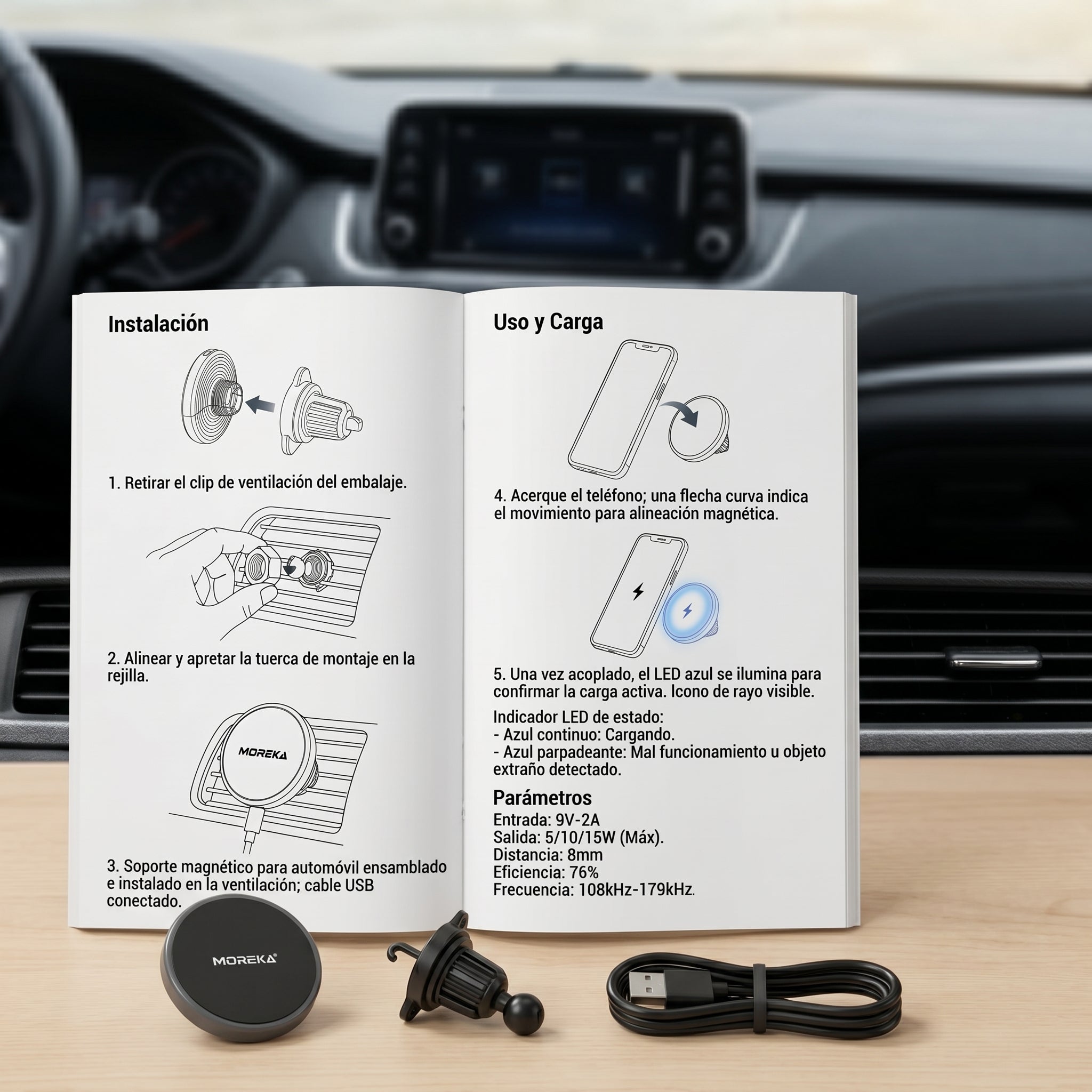 Cargador Inalámbrico Magnético para Auto Moreka ZJ-020 15W Soporte Ventilación Carga Rápida