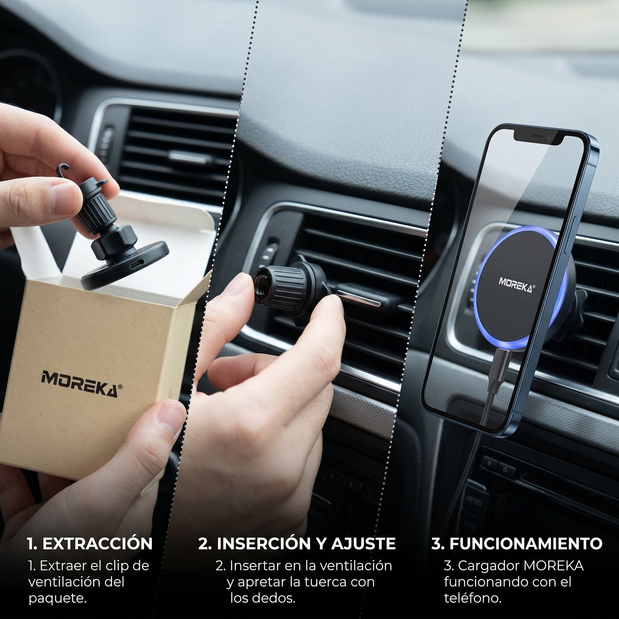 Cargador Inalámbrico Magnético para Auto Moreka ZJ-020 15W Soporte Ventilación Carga Rápida
