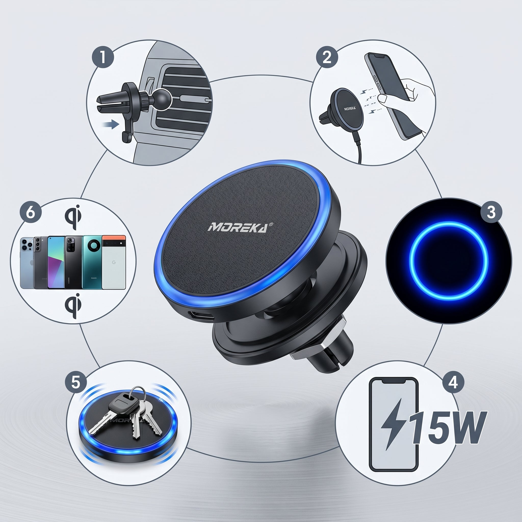Cargador Inalámbrico Magnético para Auto Moreka ZJ-020 15W Soporte Ventilación Carga Rápida