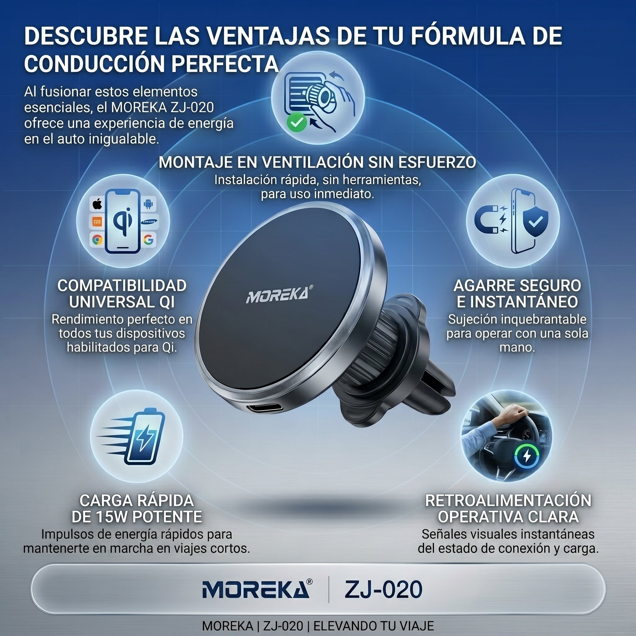 Cargador Inalámbrico Magnético para Auto Moreka ZJ-020 15W Soporte Ventilación Carga Rápida