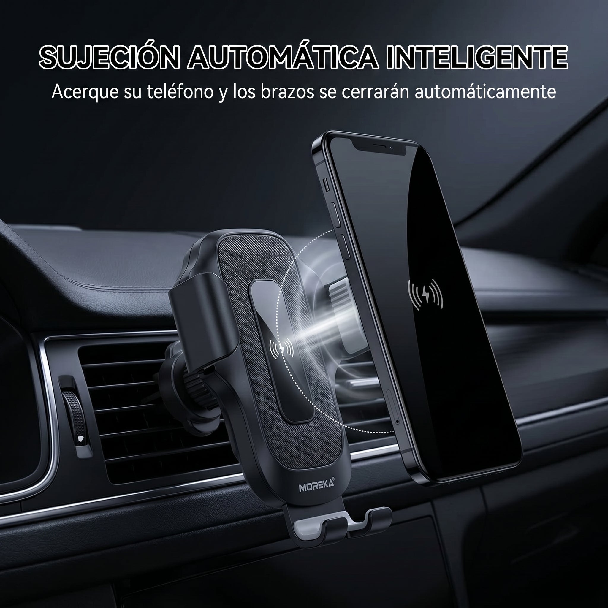 Soporte de Coche con Carga Inalámbrica Rápida Moreka ZJ-021 15W Sujeción Automática Inteligente y Clip para Rejilla de Ventilación