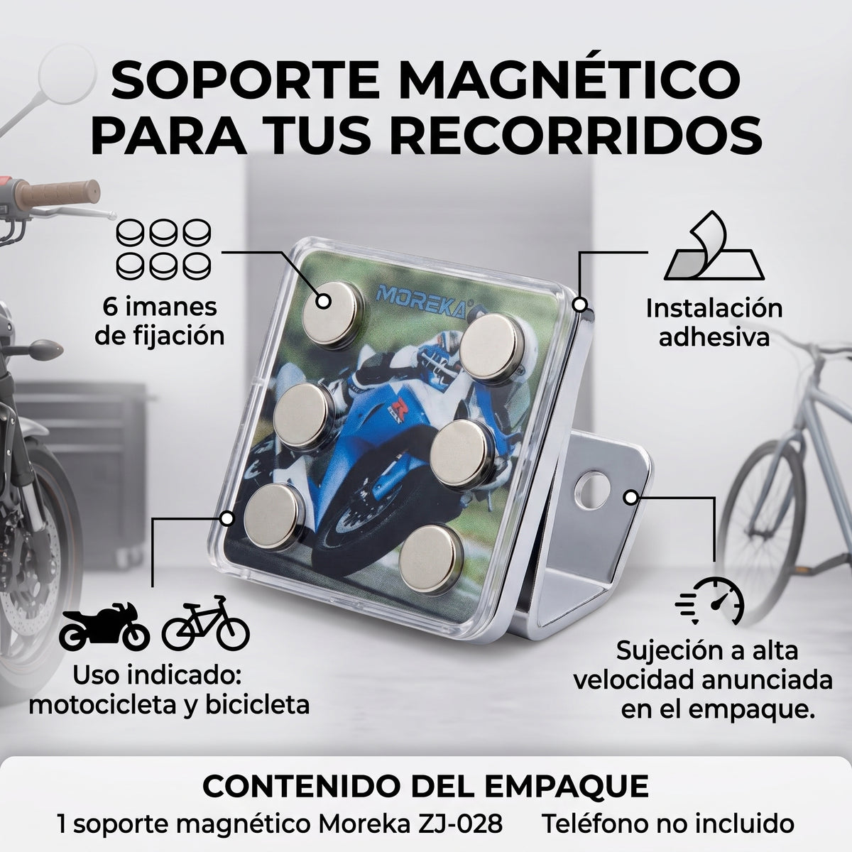 Soporte Magnético Moreka ZJ-028 para Moto y Bicicleta con 6 Imanes de Fijación
