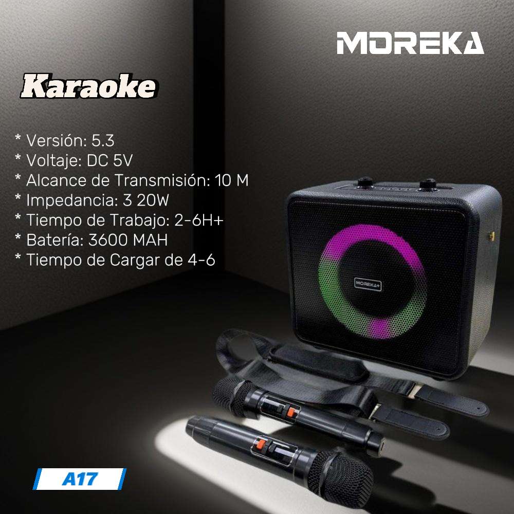 Bocina Karaoke Bluetooth FM dual micrófonos RGB Moreka A17