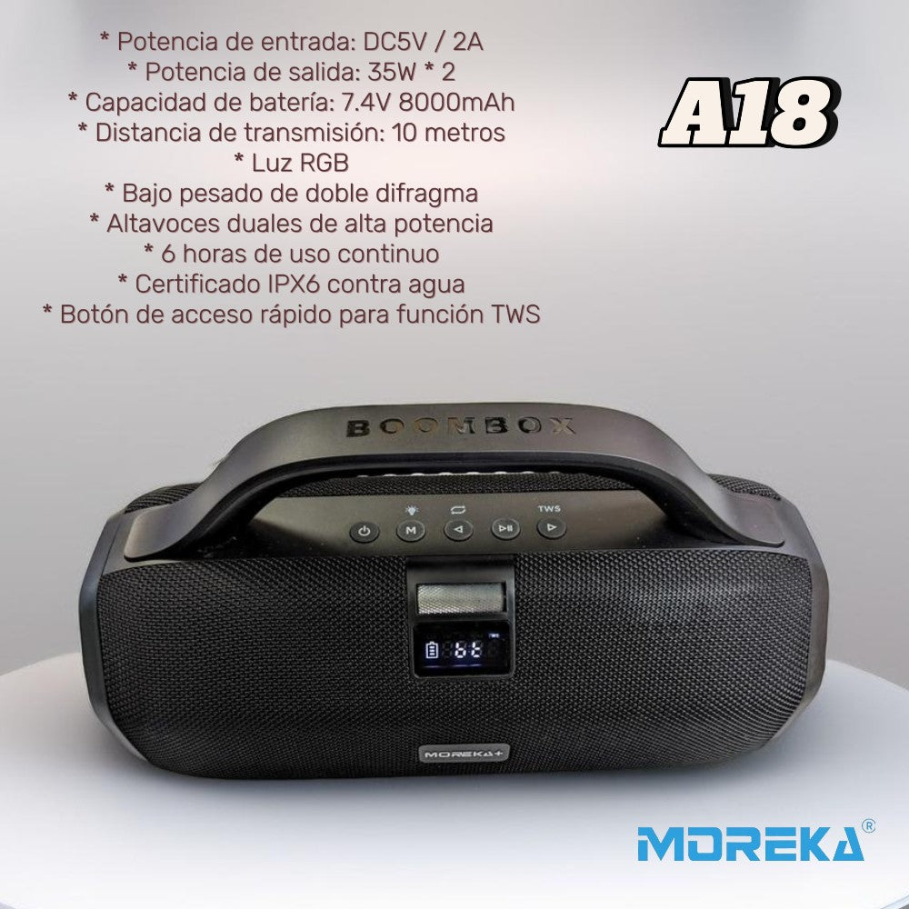 Bocina Moreka+ A18 70W, Bluetooth, TF Card, Radio FM, USB Contra Agua IPX6