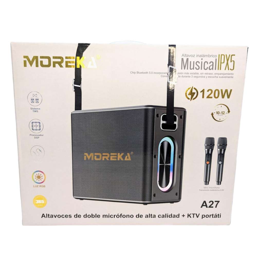 Bocina Moreka A27 120W 1200mAh 12 hrs de bateria Bluetooth, Contra Agua IPX5