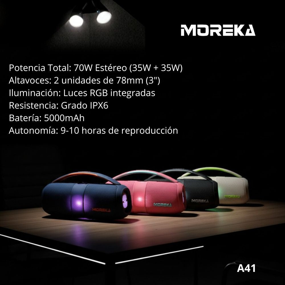 Bocina Moreka A41 70W 35W+35W 5000mAh 9hrs de bateria Bluetooth IPX6