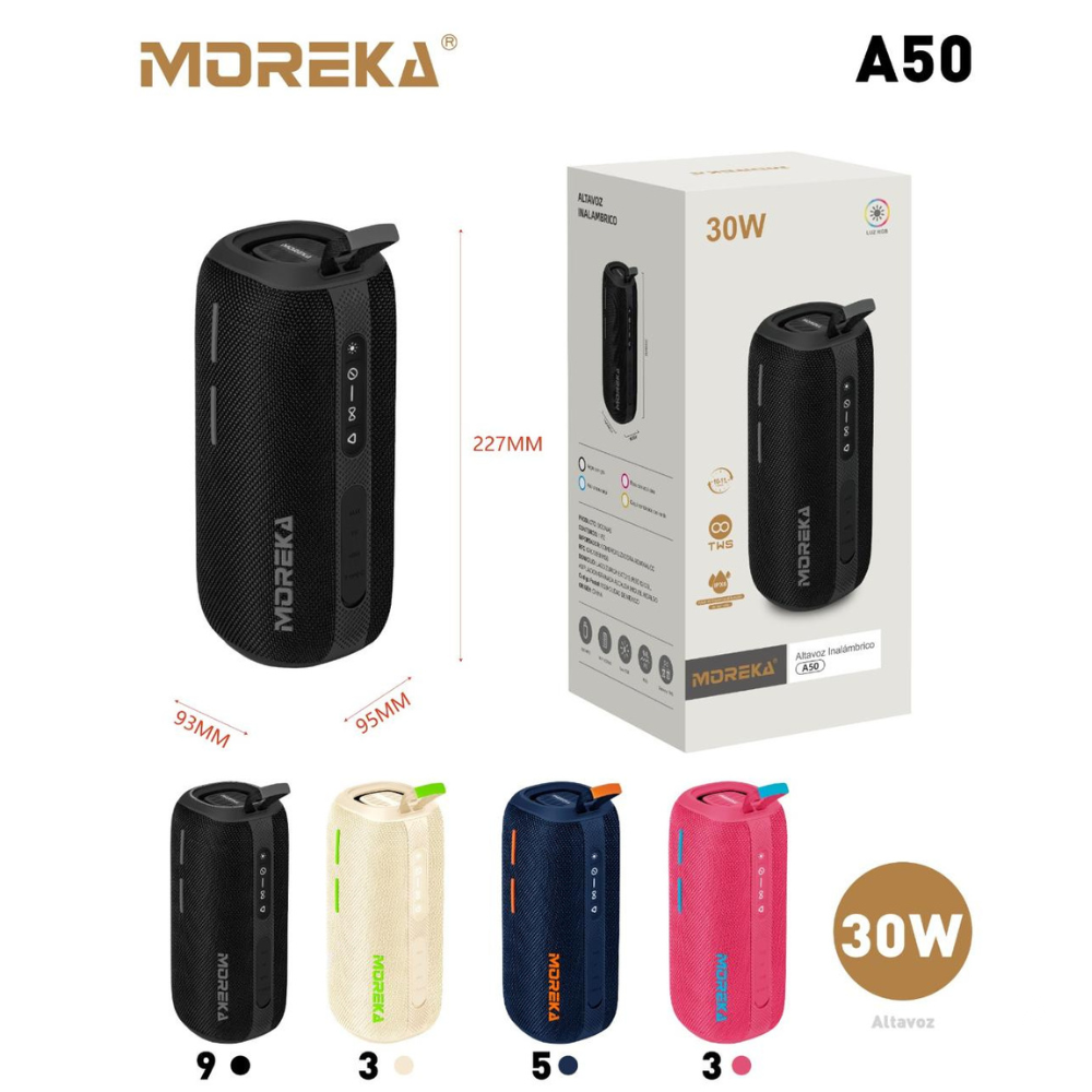 Bocina Moreka A50 30W 15W*2 3600mAh 10hrs de bateria Bluetooth IPX6