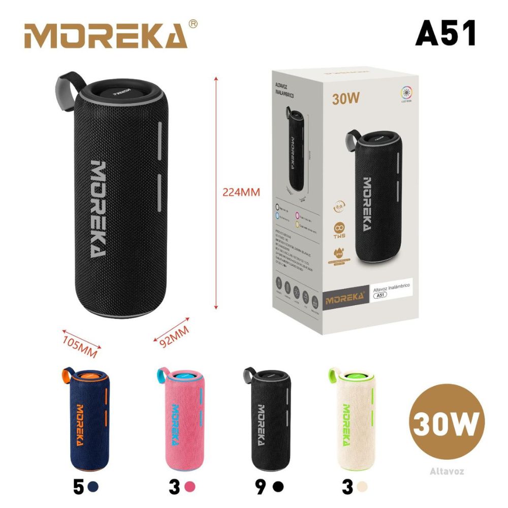 Bocina Moreka A51 30W 15W*2 3600mAh 8hrs de bateria Bluetooth IPX6