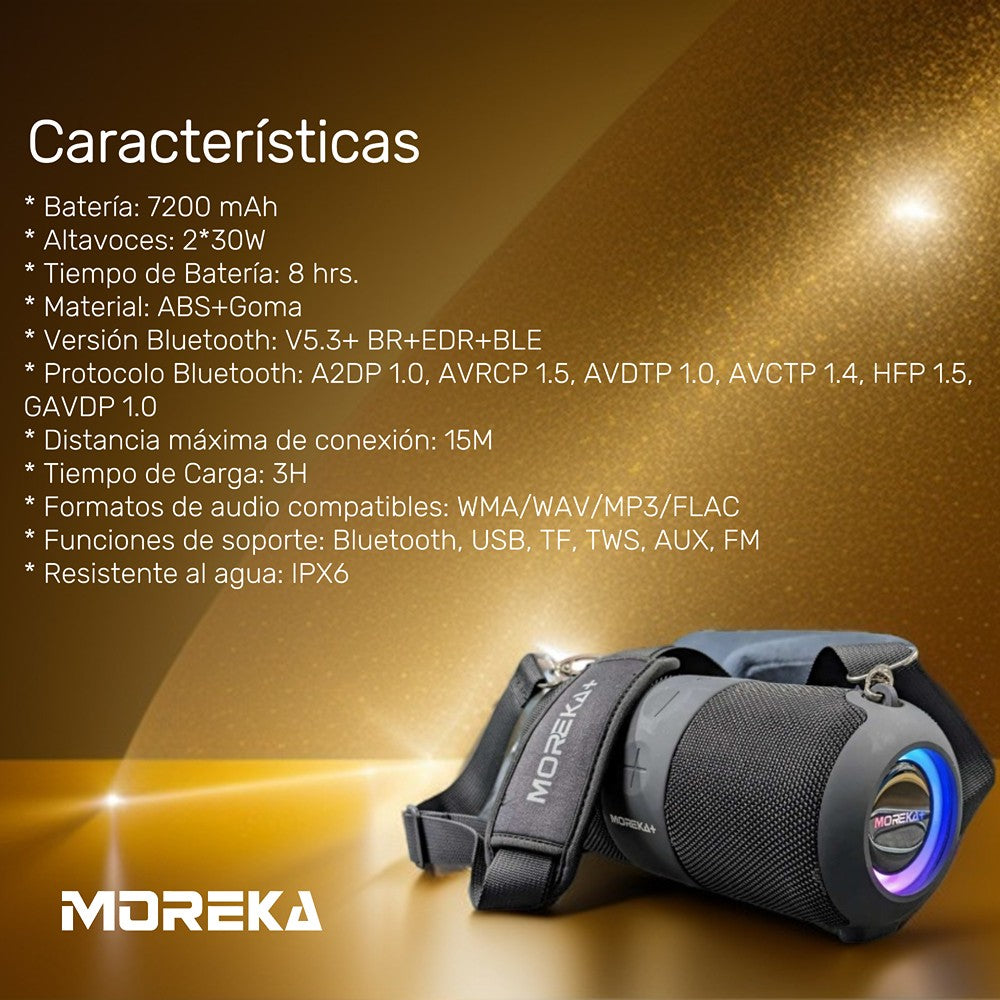 Bocina Moreka+ A6 60W, Bluetooth, TF Card, Radio FM, USB Contra Agua IPX6
