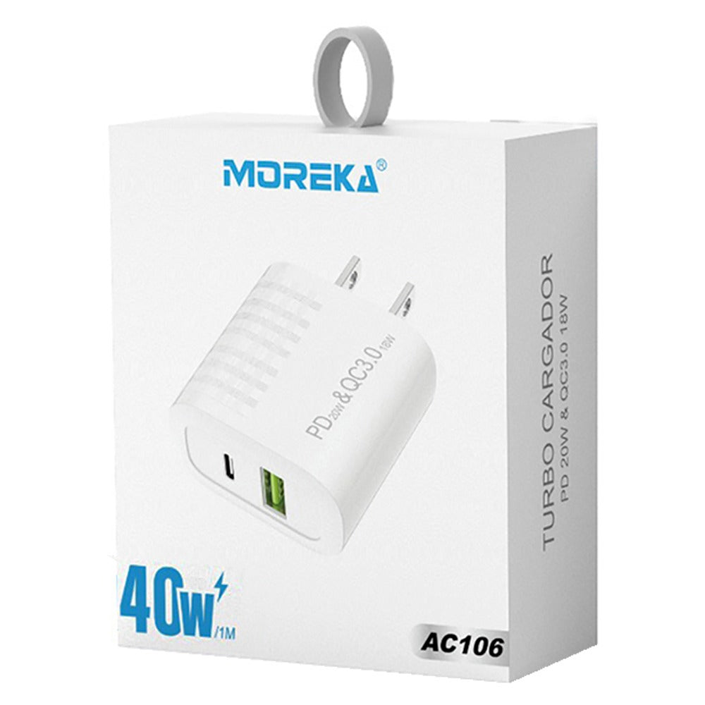 Cargador 40W Moreka AC106 Carga Rapída 2 Salidas USB y C