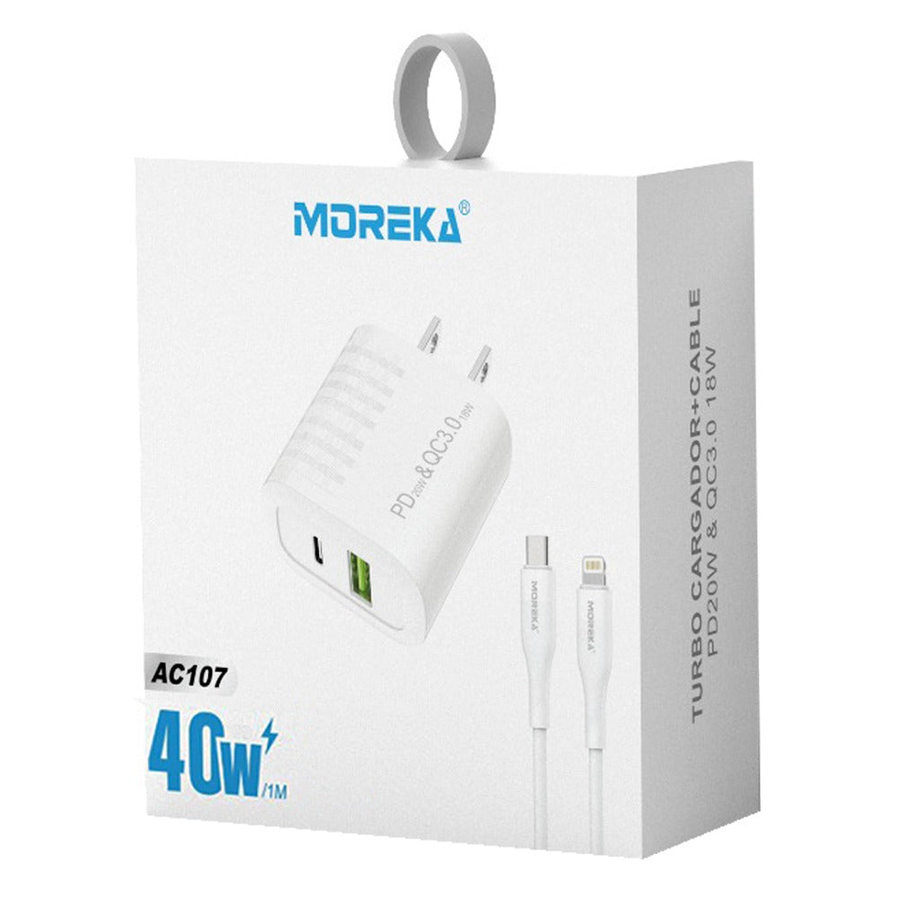 Turbo Cargador Moreka AC107 40W 2 salidas USB y C Cable IP 1M