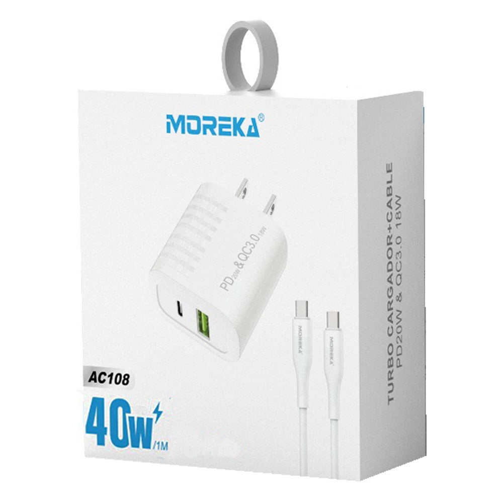 Turbo Cargador 40W Moreka AC108 2 puertos USB y C Cable Tipo C M