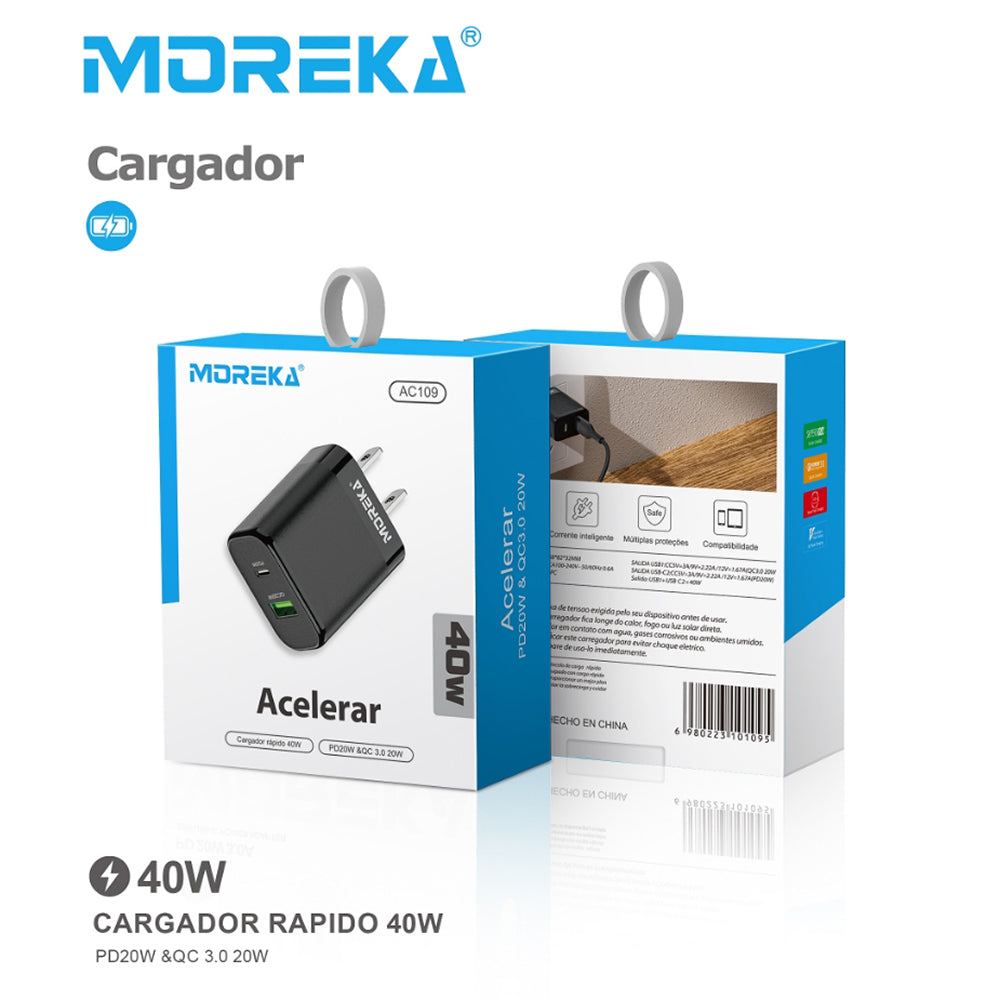 Cargador 40W Moreka AC109 Carga Rapída 2 puertos PD20W y QC 3.0 20W