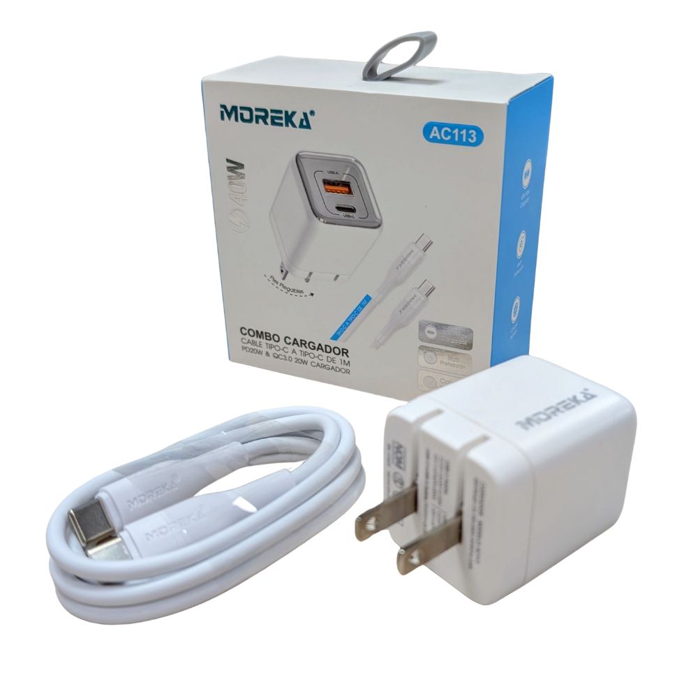 Cargador 40W 5V- 3A puertos PD20W & QC3.0 20W Clavija plegable cable C-C Moreka  AC113