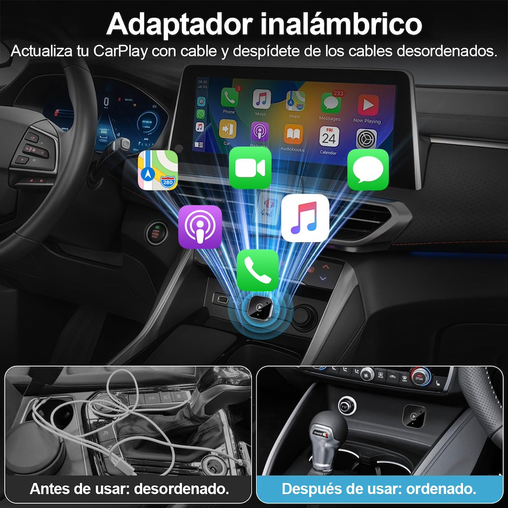 Adaptador 2en1 Inalámbrico para Carplay y android Auto (iOS 10+, Android 11+). No compatible con BMW.