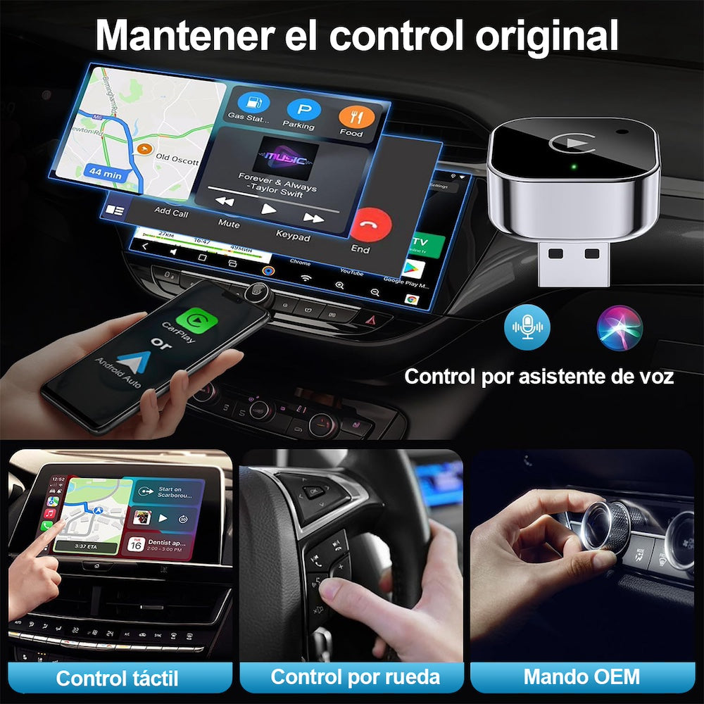 Adaptador 2en1 Inalámbrico para Carplay y android Auto (iOS 10+, Android 11+). No compatible con BMW.