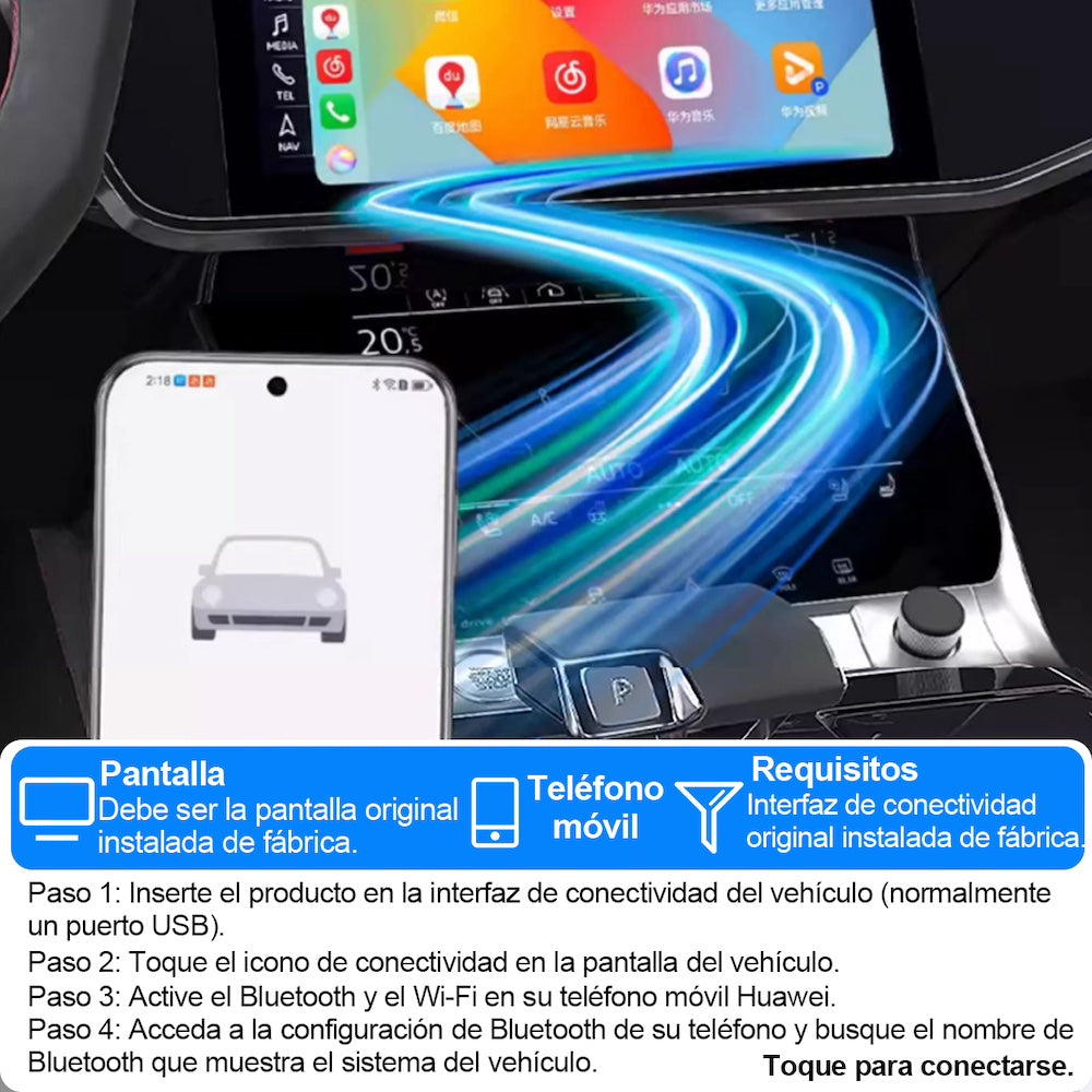 Adaptador 2en1 Inalámbrico para Carplay y android Auto (iOS 10+, Android 11+). No compatible con BMW.