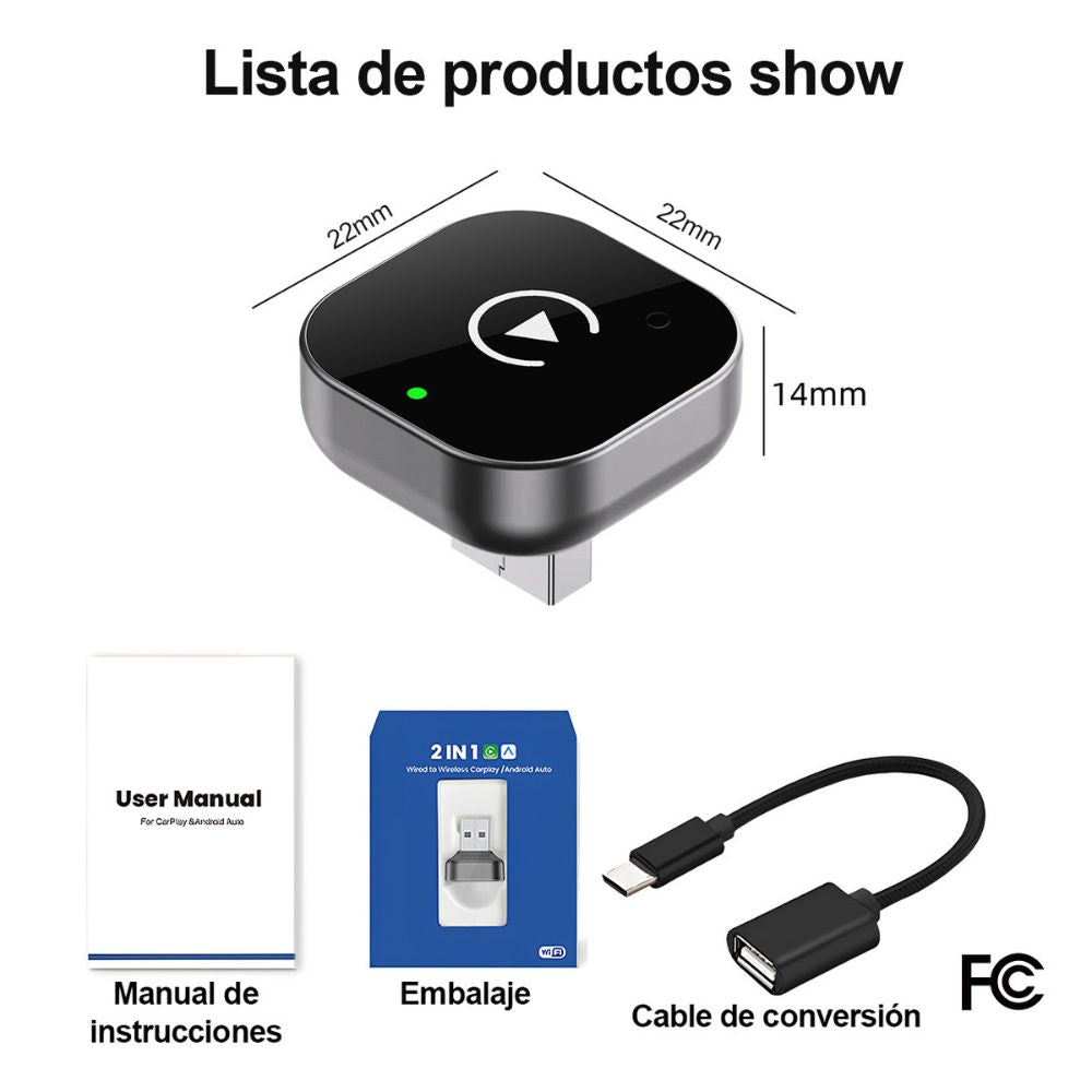 Adaptador 2en1 Inalámbrico para Carplay y android Auto (iOS 10+, Android 11+). No compatible con BMW.