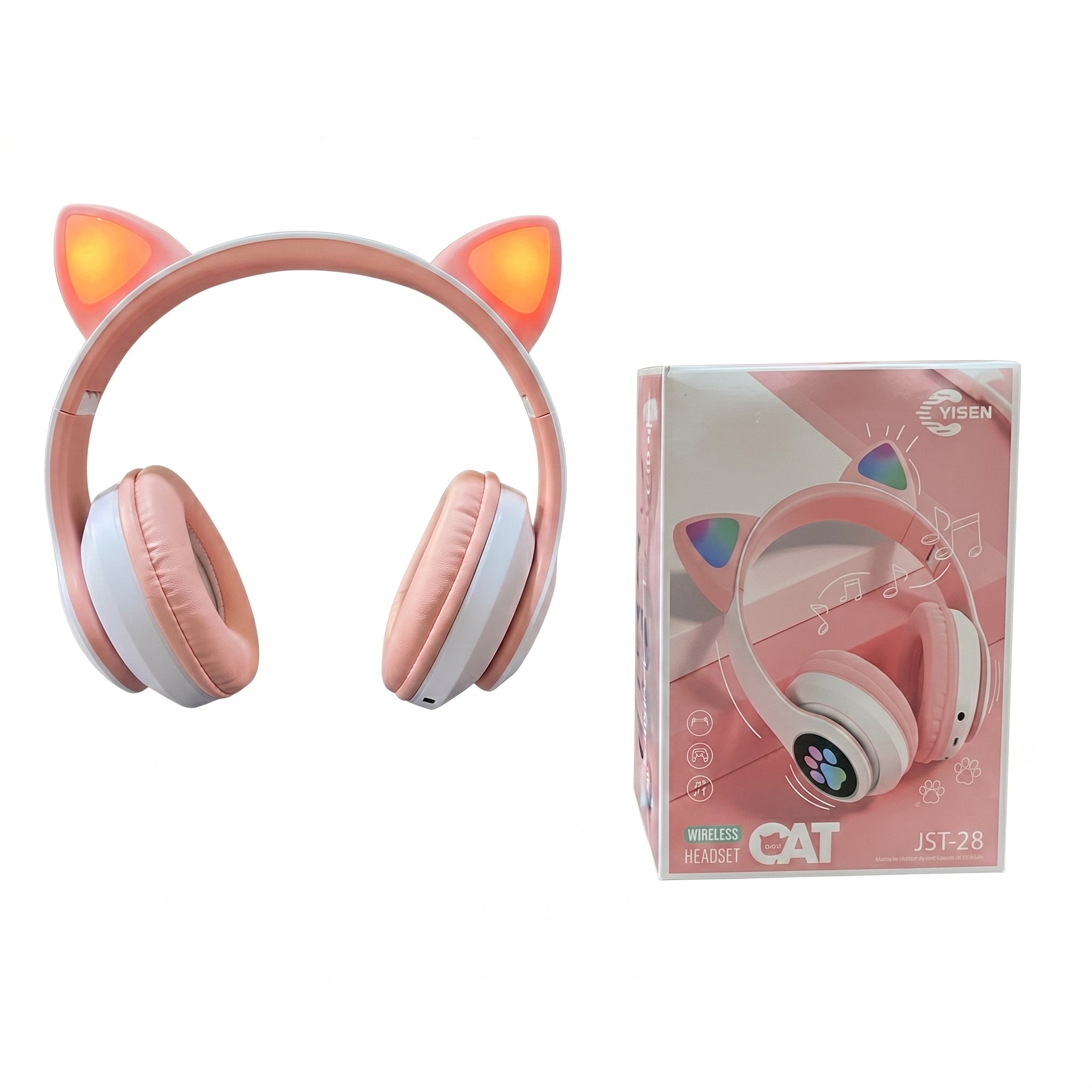 Audífonos Inalámbricos YISEN JST-28 con Diadema de Orejas de Gatito y Luces LED Multicolor
