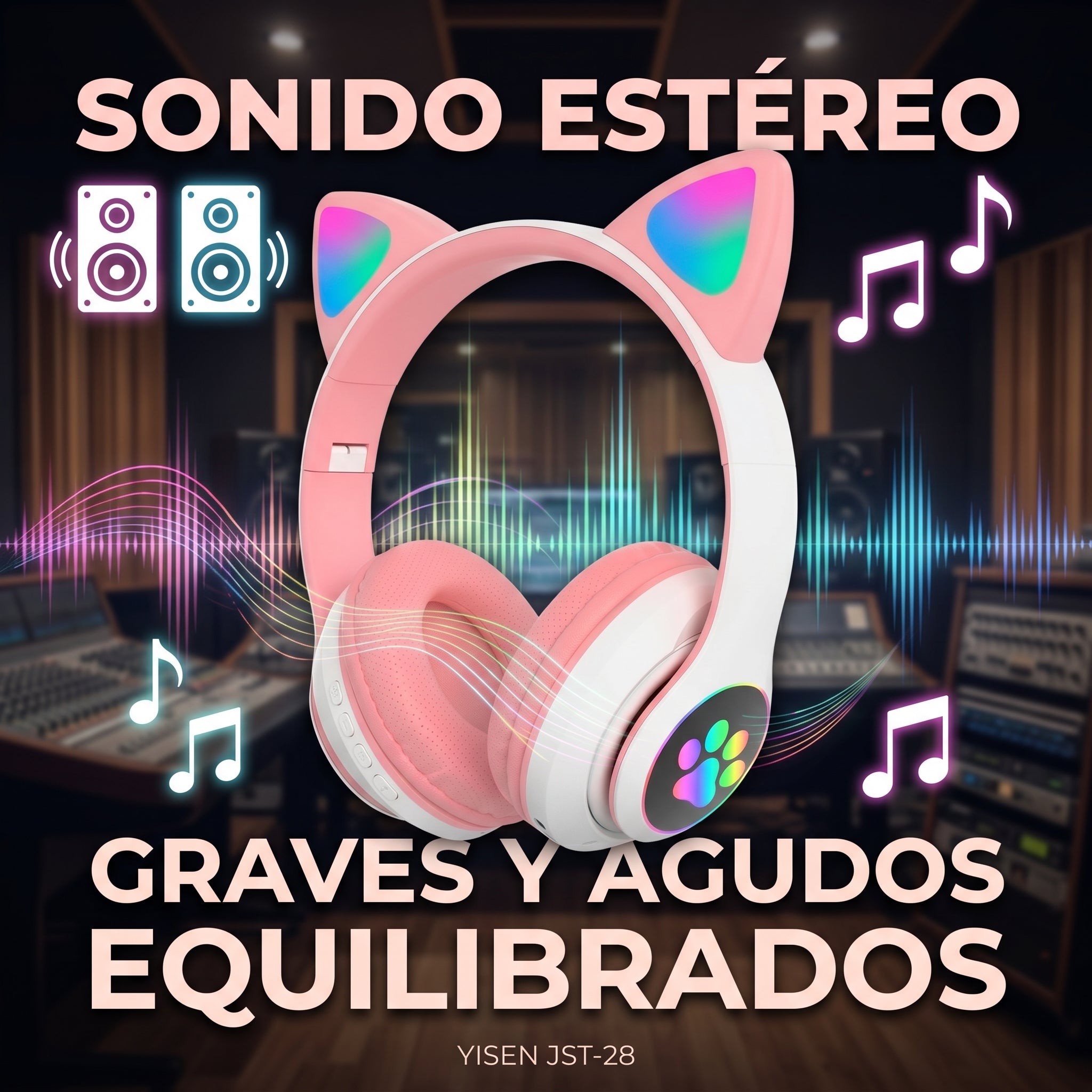 Audífonos Inalámbricos YISEN JST-28 con Diadema de Orejas de Gatito y Luces LED Multicolor