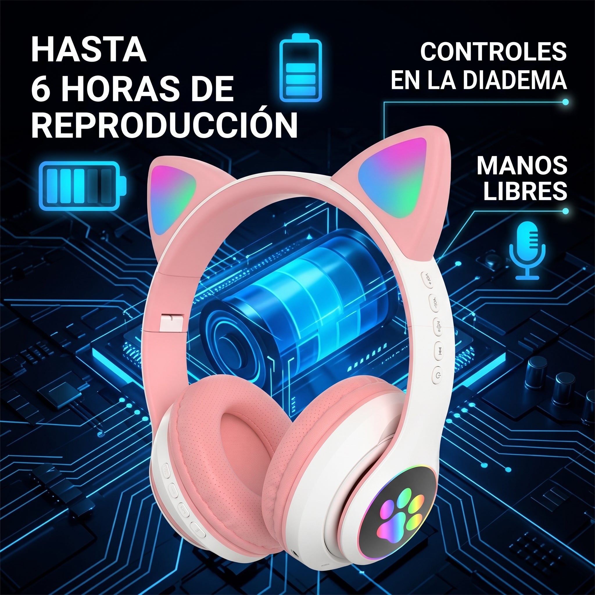 Audífonos Inalámbricos YISEN JST-28 con Diadema de Orejas de Gatito y Luces LED Multicolor