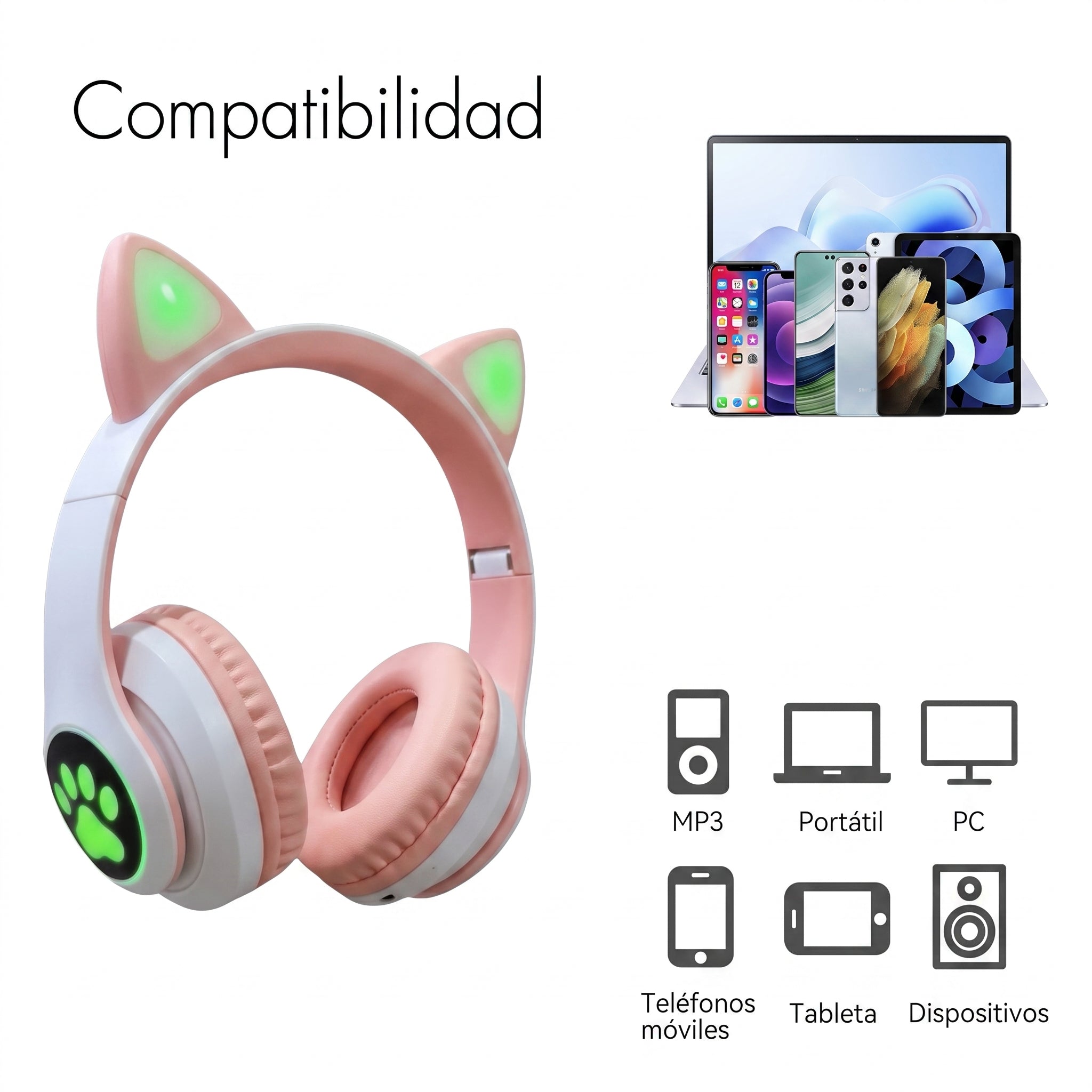 Audífonos Inalámbricos YISEN JST-28 con Diadema de Orejas de Gatito y Luces LED Multicolor