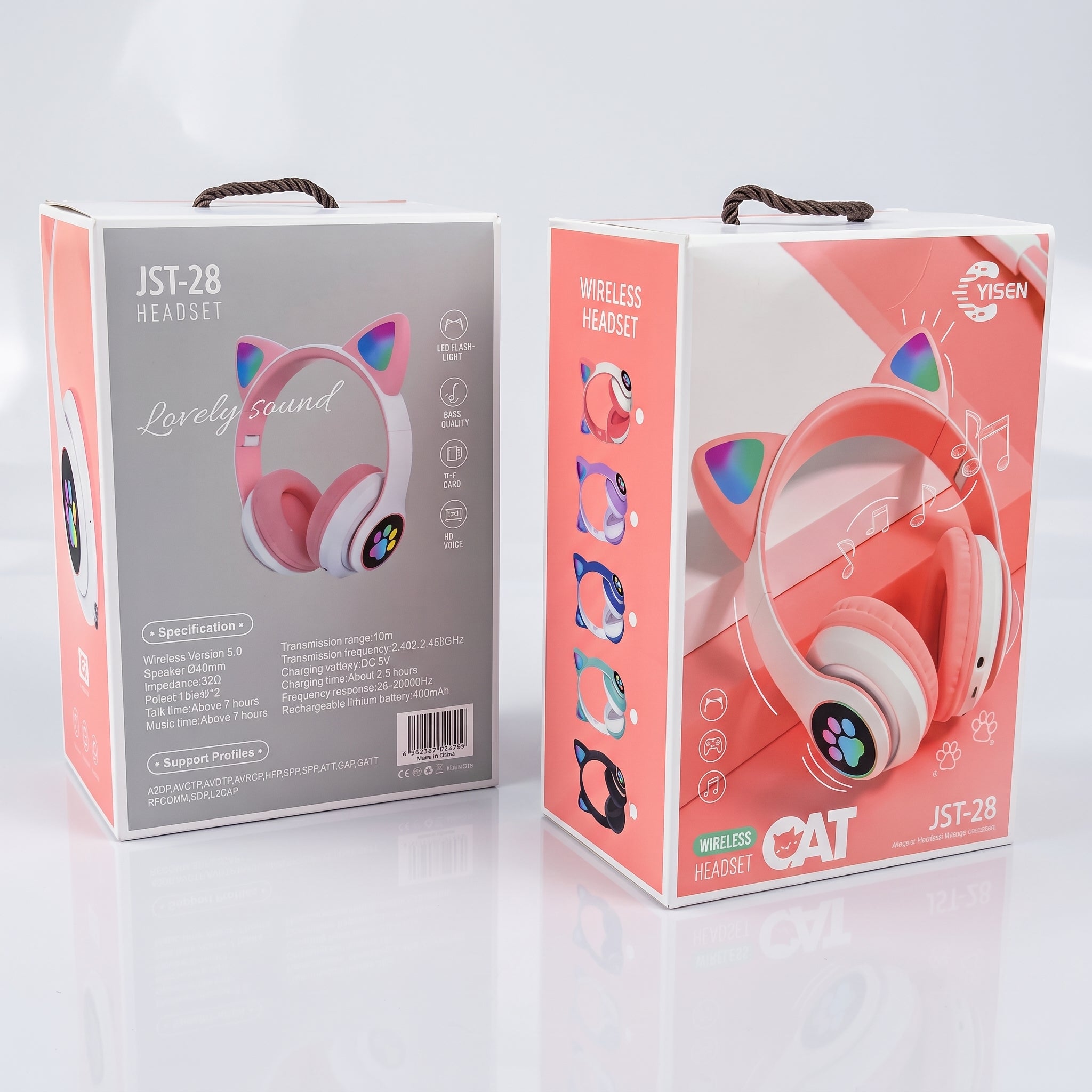 Audífonos Inalámbricos YISEN JST-28 con Diadema de Orejas de Gatito y Luces LED Multicolor