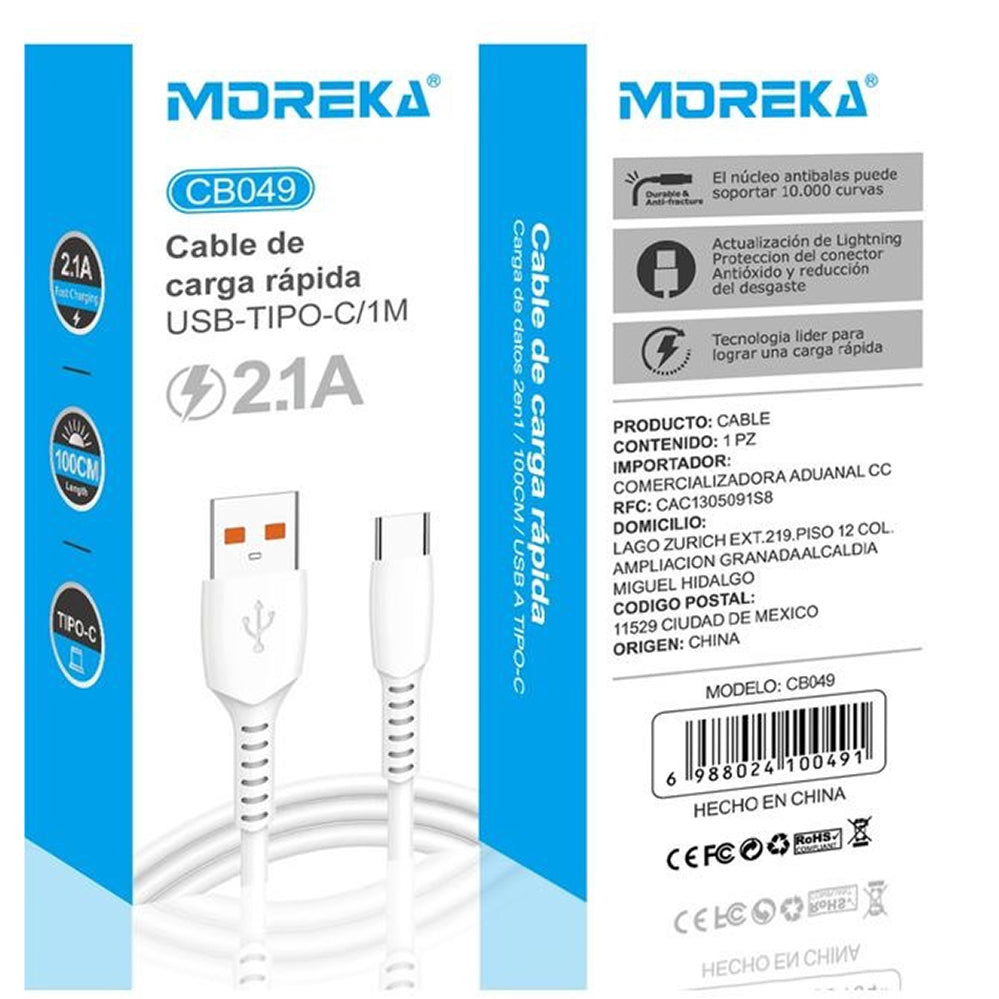 Cable USB Tipo C CB049 2.1 A carga rápida 1 mt