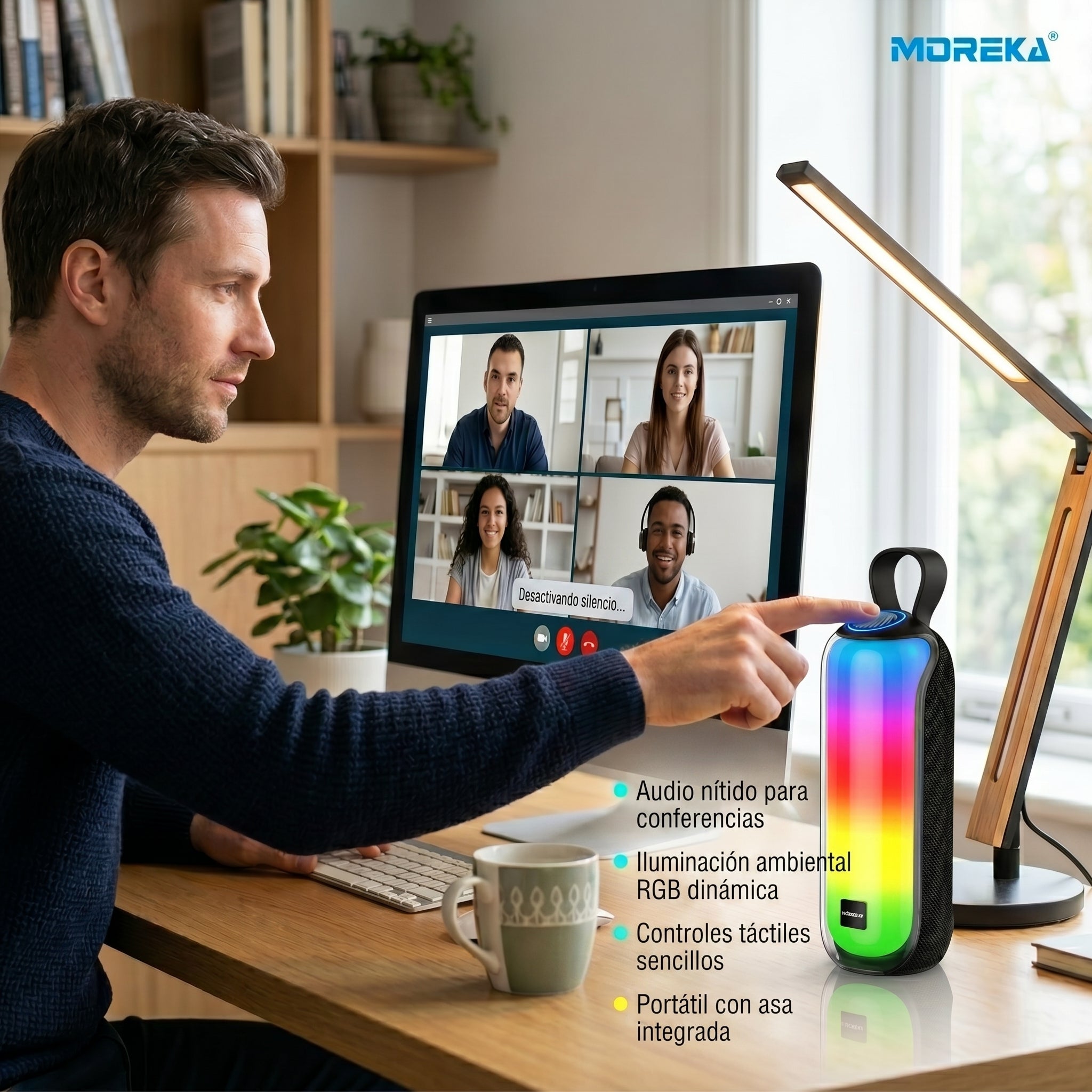 Bocina Moreka 408 14W (2 x 7W) 3000mAh Batería Bluetooth V5.3 IPX5 Resistente al Agua Luz RGB Micrófono Incorporado Radio FM