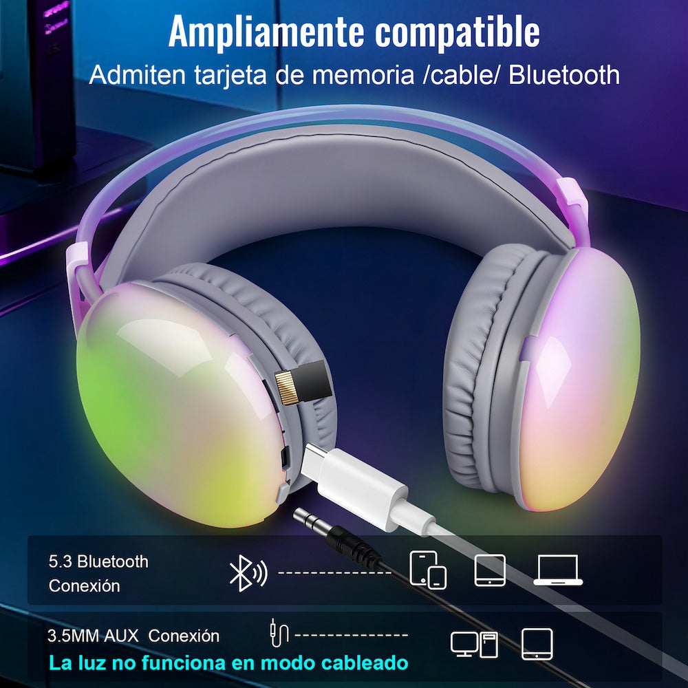 Audífonos Bluetooth 5.3 Moreka BL029 16 horas de musica iluminación RGB