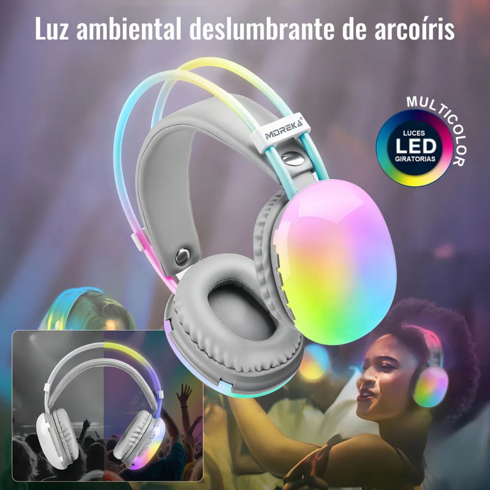 Audífonos Bluetooth 5.3 Moreka BL029 16 horas de musica iluminación RGB